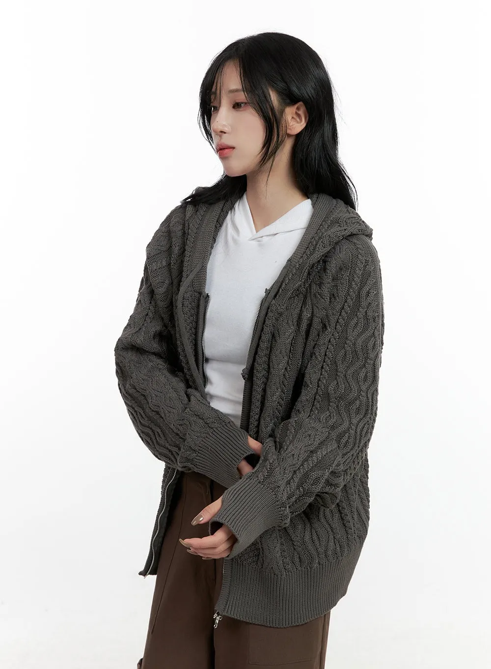 Cable Knit Zip-Up Hooded Sweater Cardigan CN411