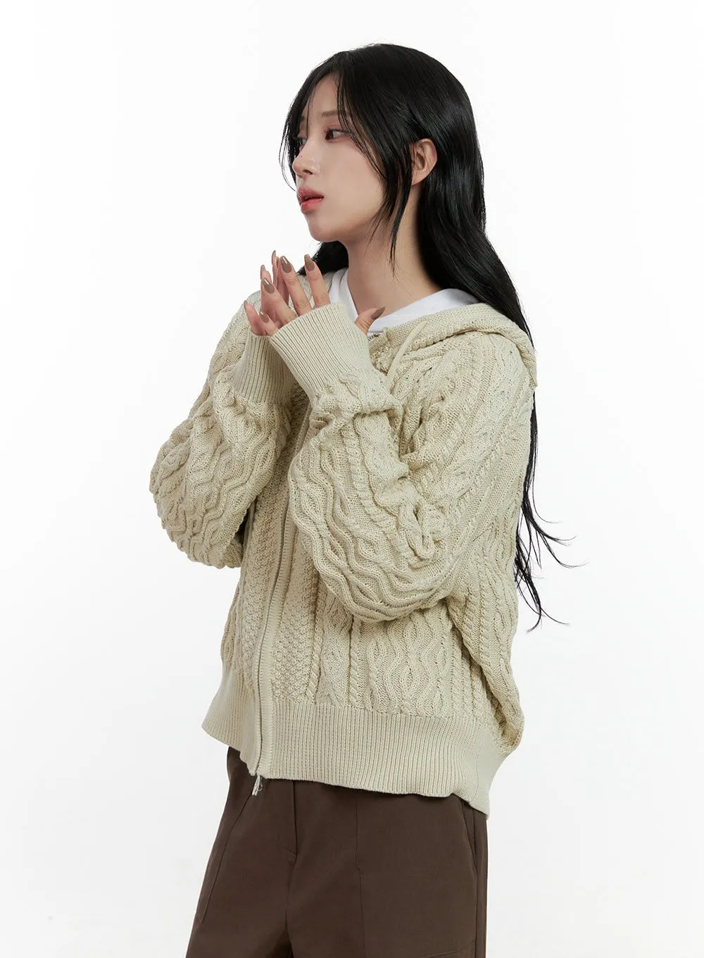 Cable Knit Zip-Up Hooded Sweater Cardigan CN411