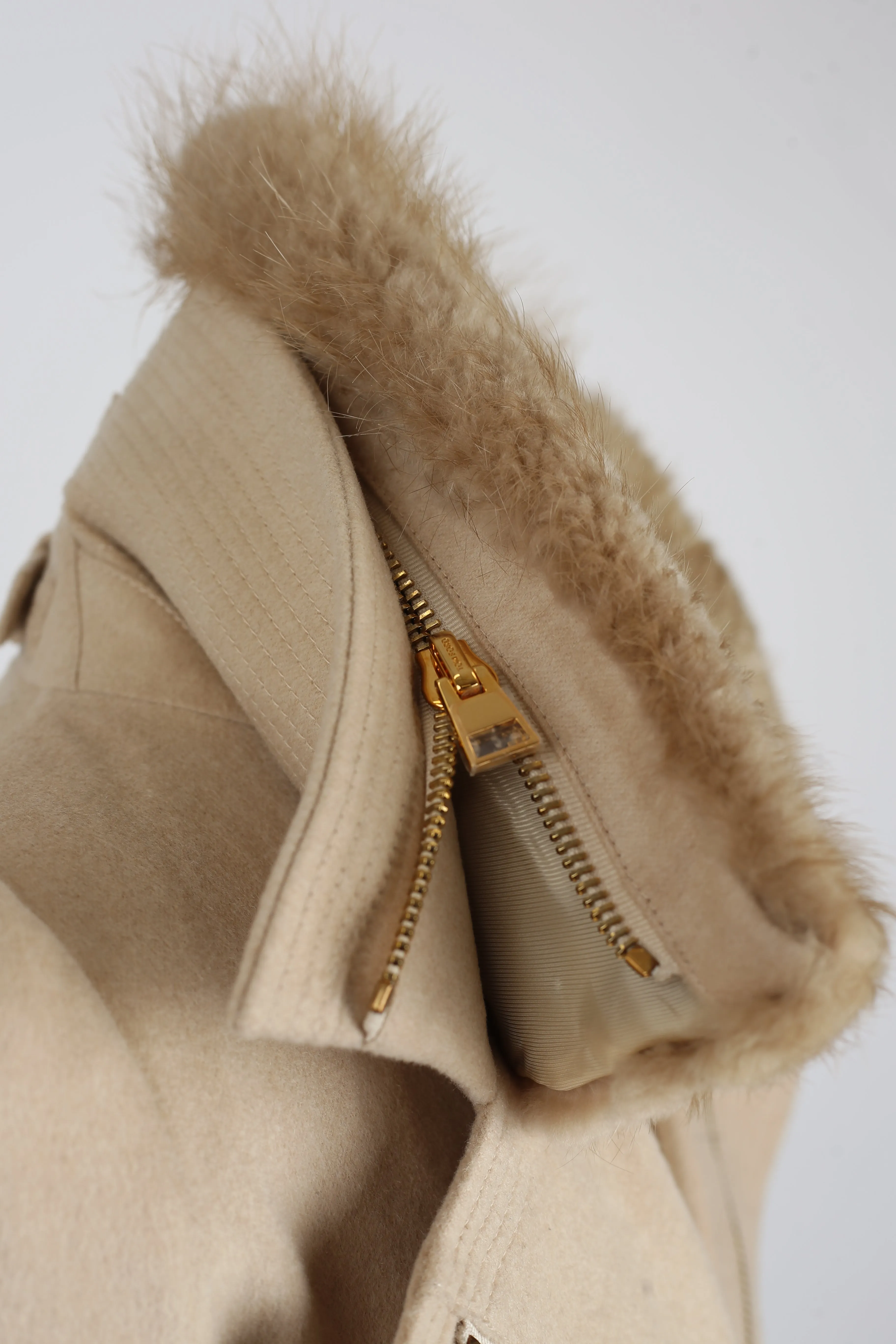 Camel Hair Belted Dress Coat W/ Beaver Fur Collar