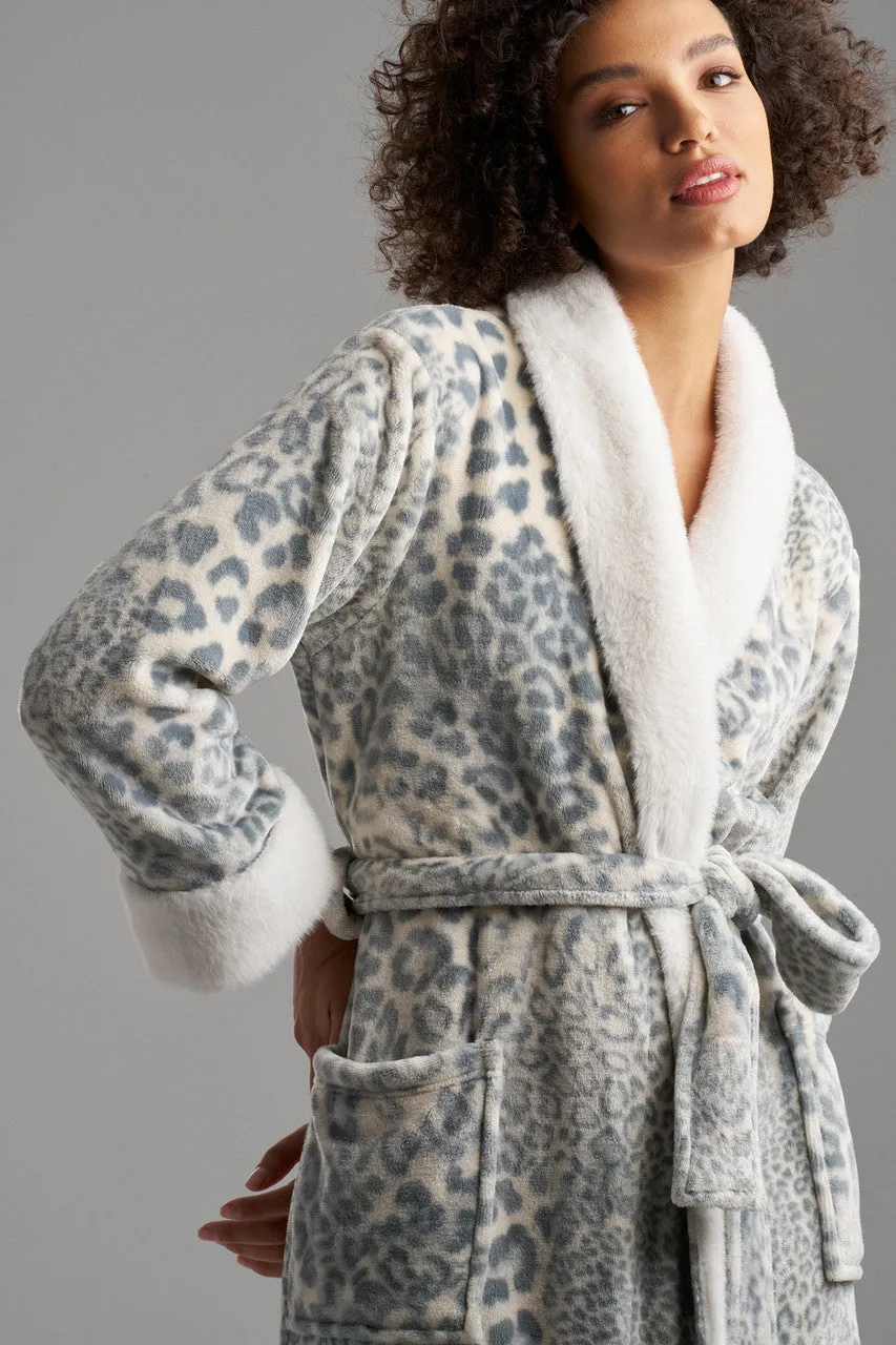 Cashmere Leopard Faux Fur Collar Robe