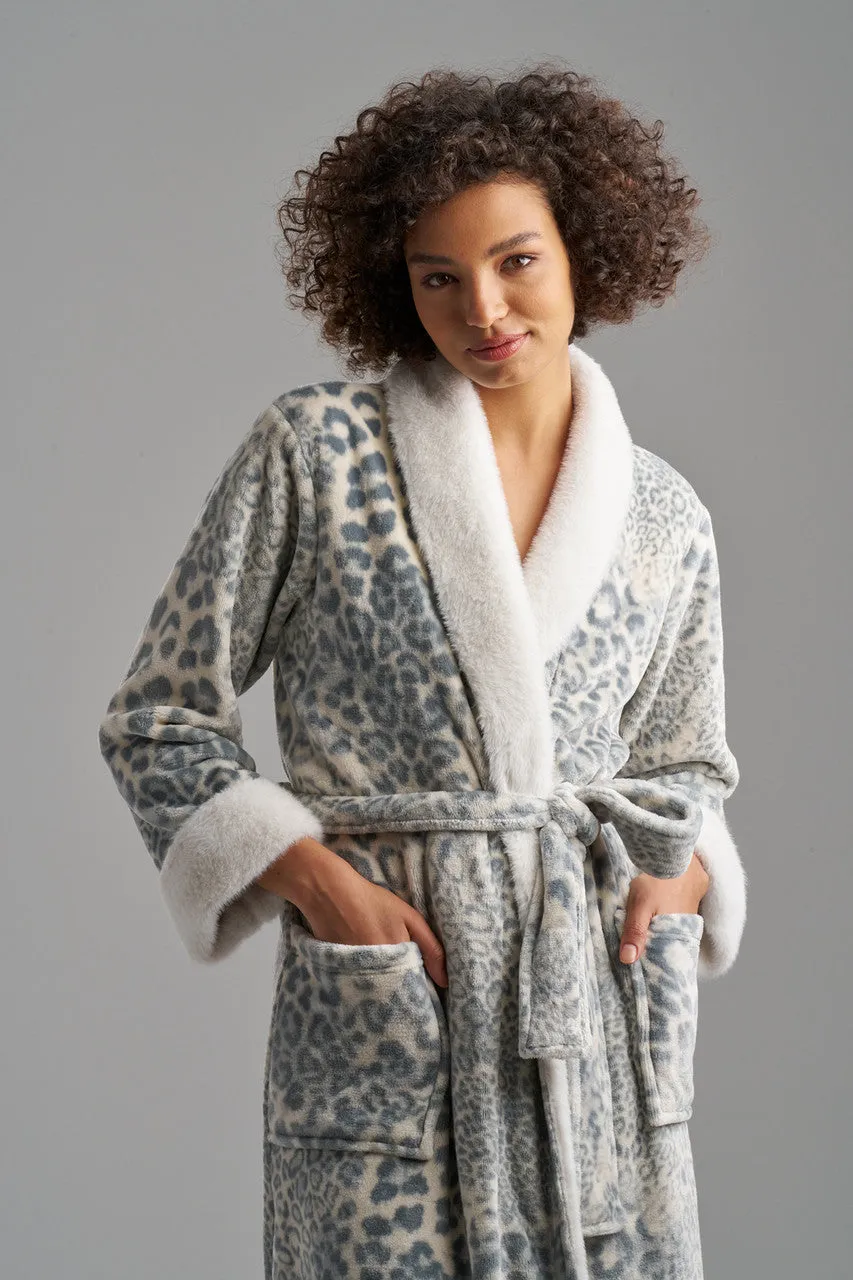 Cashmere Leopard Faux Fur Collar Robe