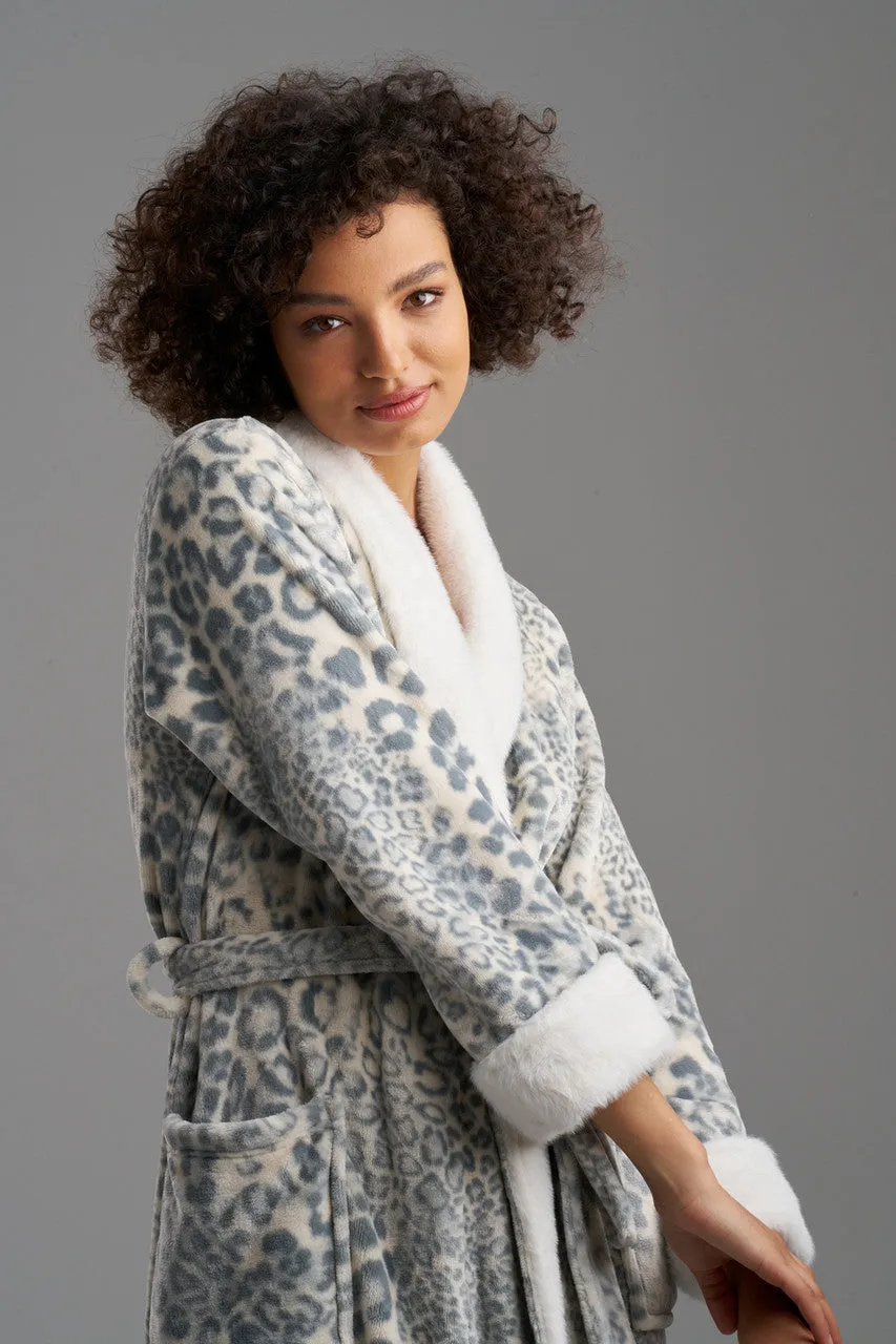 Cashmere Leopard Faux Fur Collar Robe