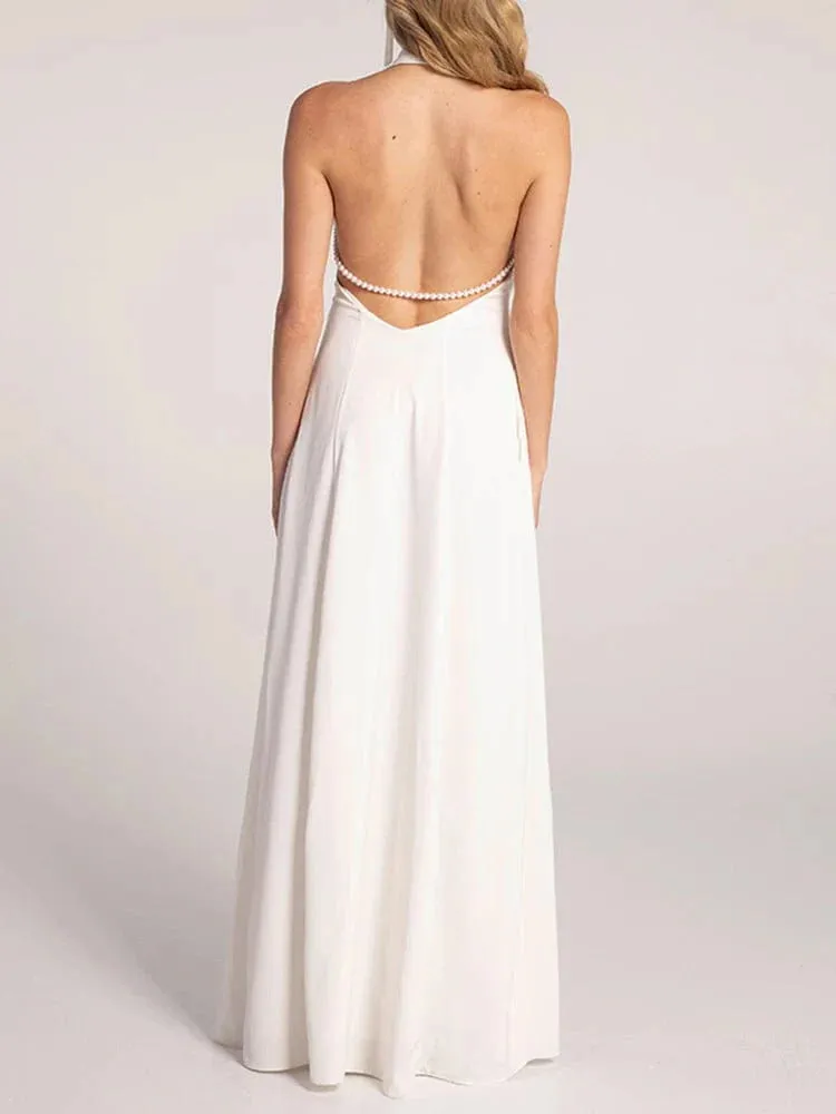 Cat Pearls Backless Maxi Dress In White