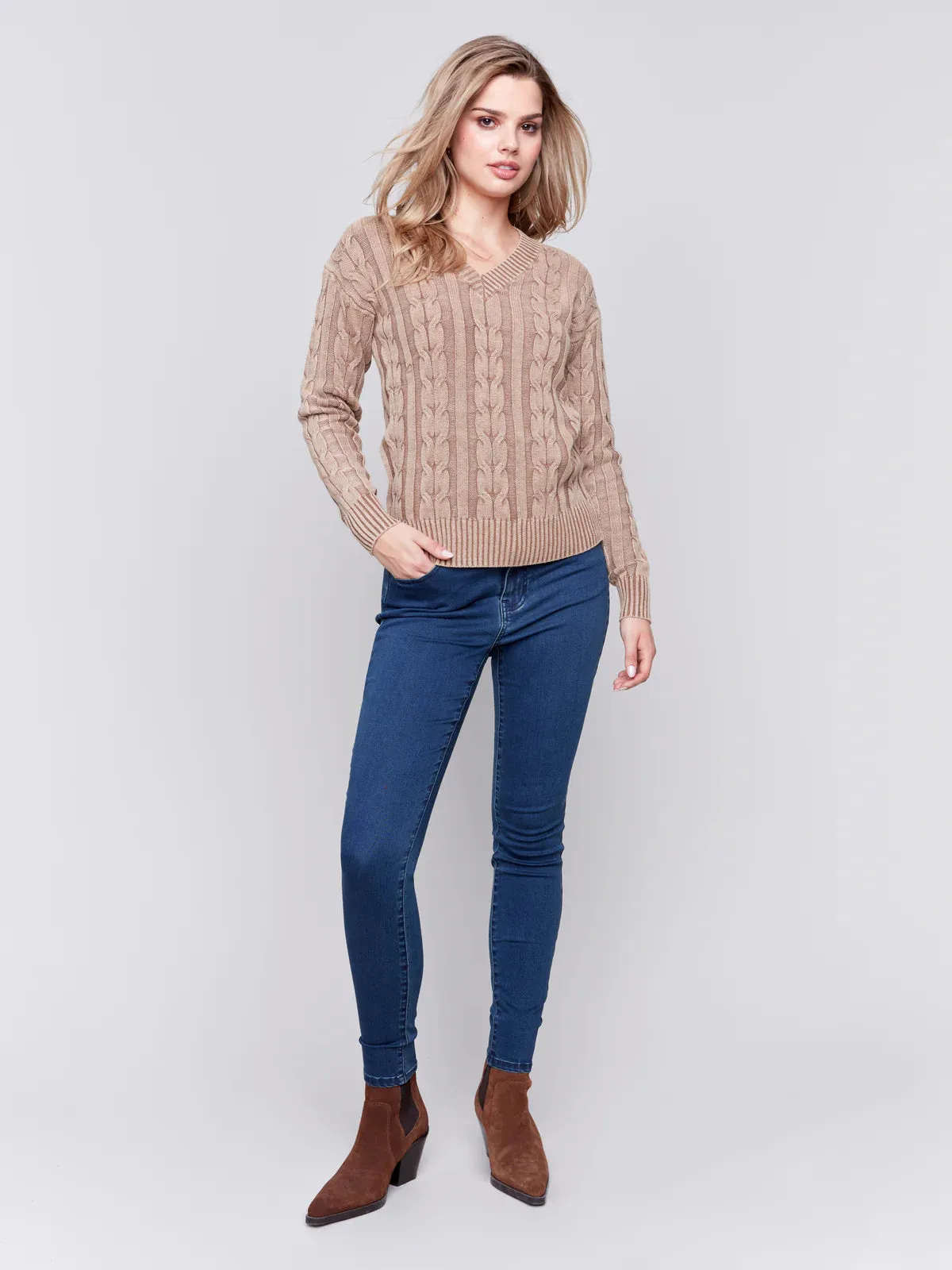 CHARLIE B Cold Dye Cable Knit Sweater-Truffle