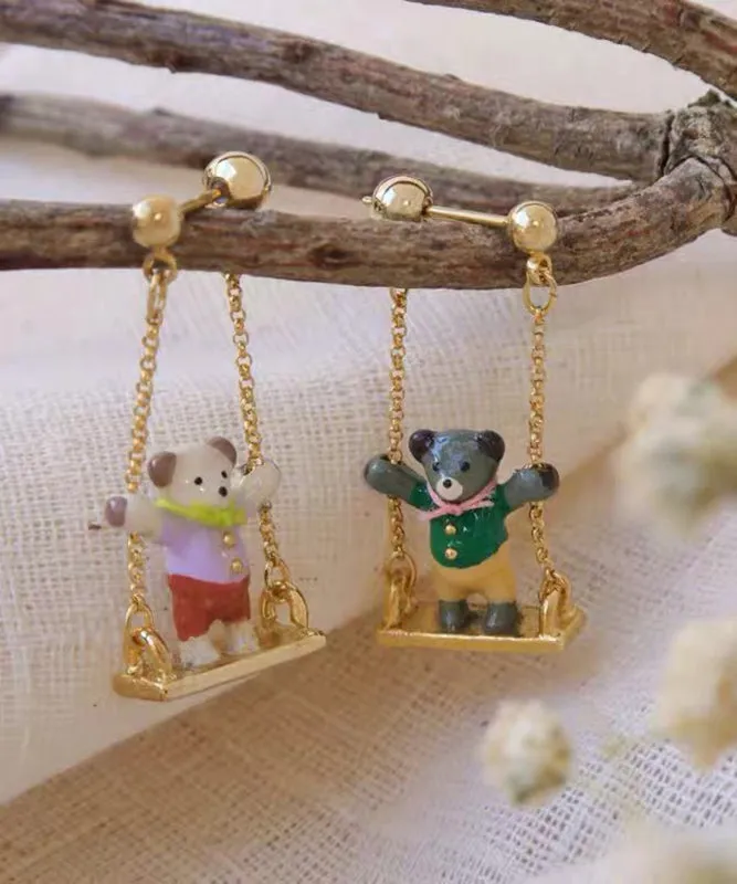 Chic Gold Sterling Silver Overgild Asymmetric Teddy Bear Swinging On A Swing Drop Earrings QD016