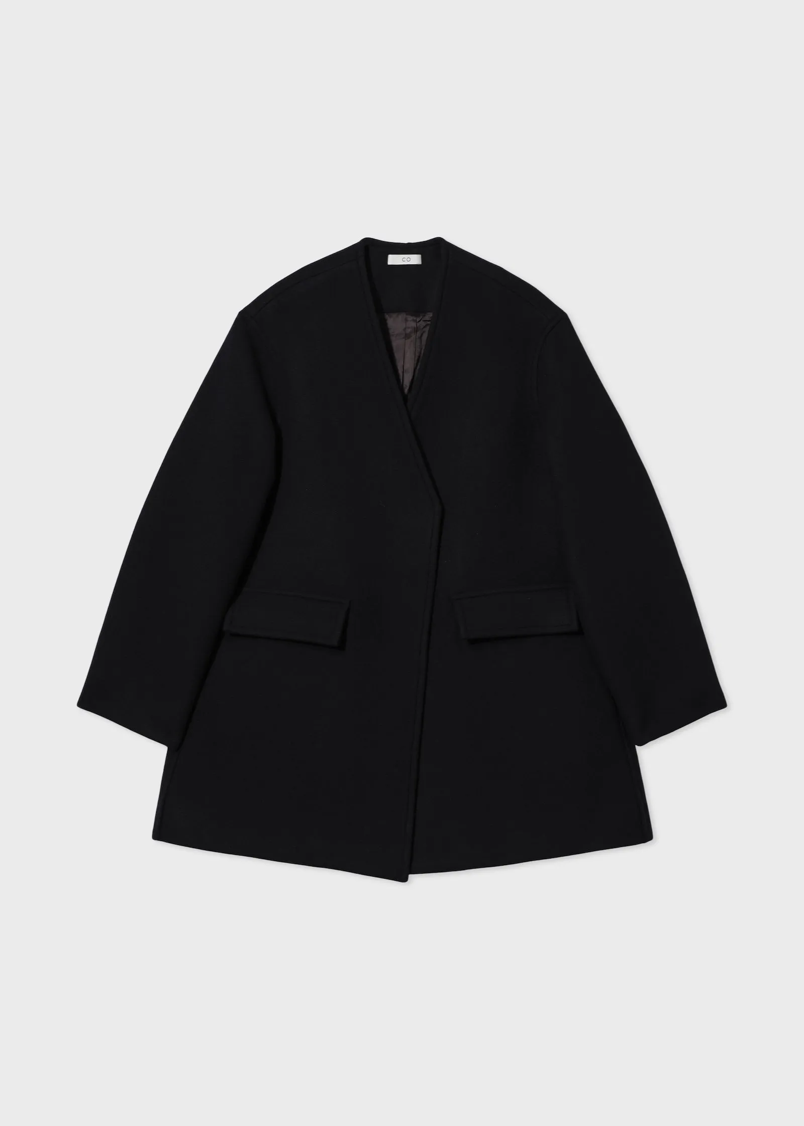 Collarless Coat in Melton Wool - Black