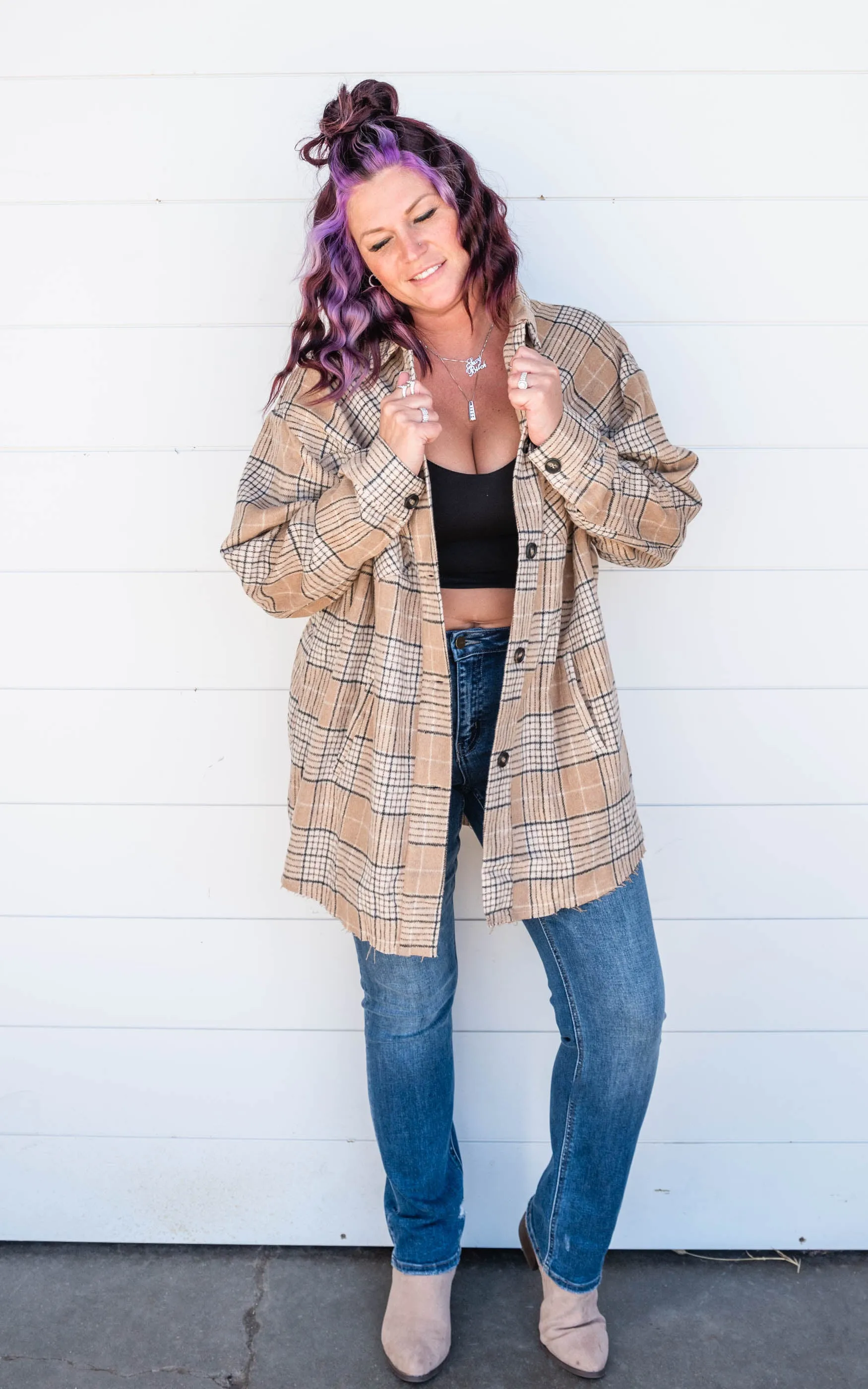 COMFORT OVERSIZED PLAID BUTTON DOWN SHIRT JACKET - Final Sale