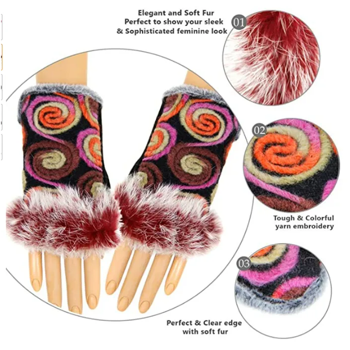 Coral Embroidery Fingerless Fur Glove