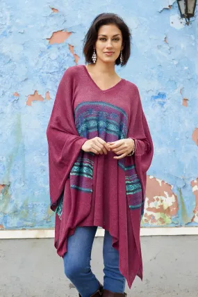 Cotton Blend Poncho in Cerise and Blue from Peru - Andean Charm | NOVICA