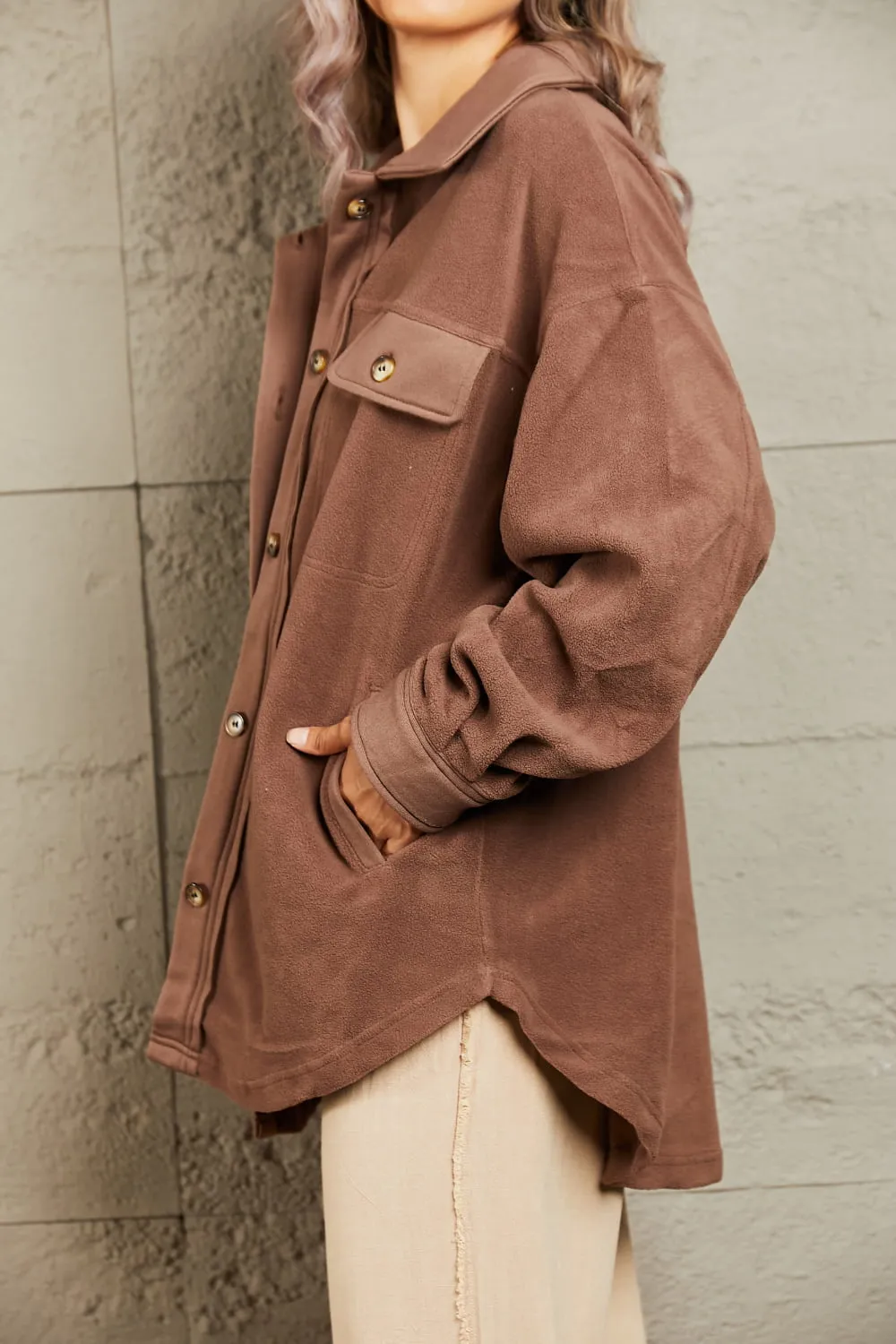 Cozy Girl Button Down Shacket In Brown