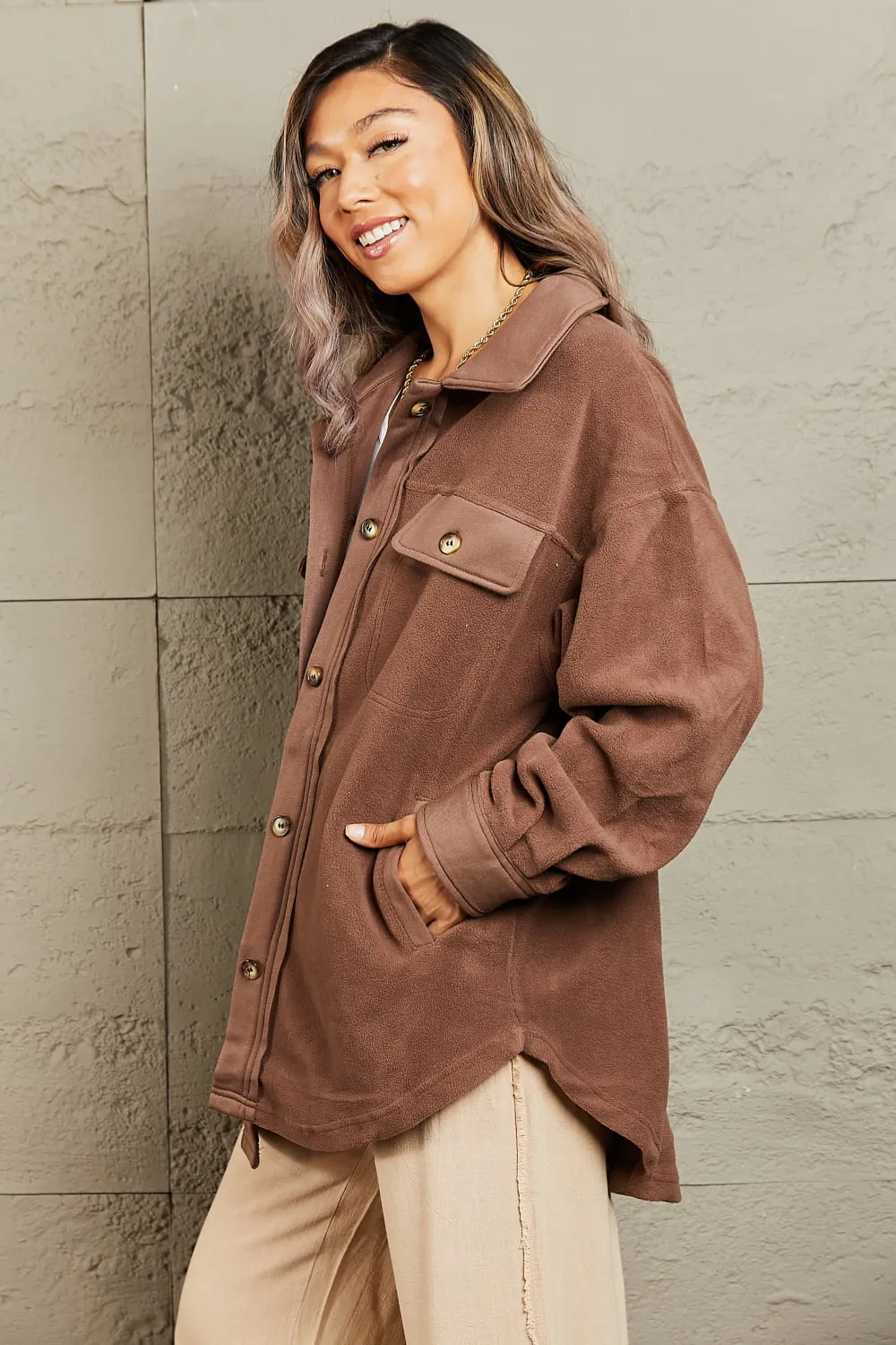 Cozy Girl Button Down Shacket In Brown