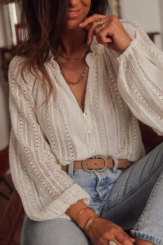 Crochet Lace button v-neck knit sweater blouse shirt