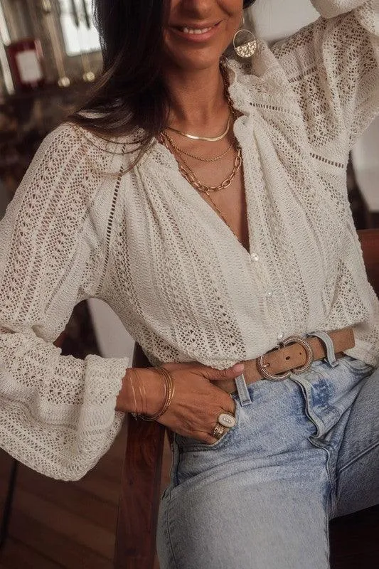 Crochet Lace button v-neck knit sweater blouse shirt