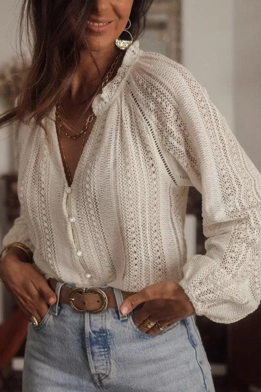 Crochet Lace button v-neck knit sweater blouse shirt