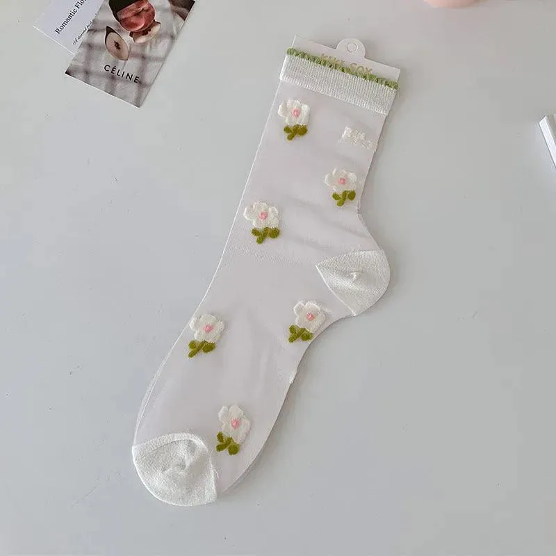 Cute Sheer Crew Socks | Mesh Socks With Flower Pattern | Cute Socks