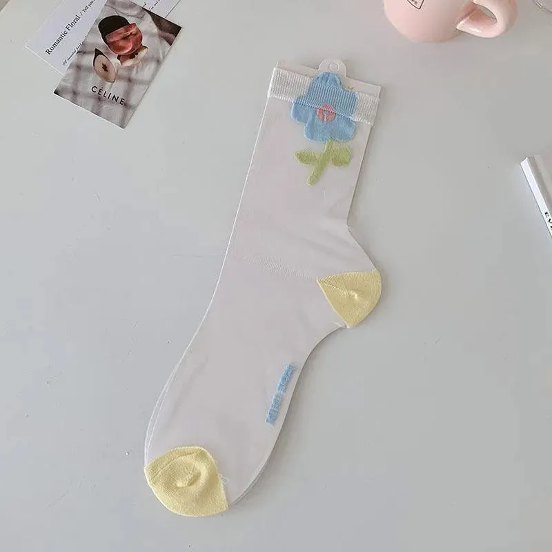 Cute Sheer Crew Socks | Mesh Socks With Flower Pattern | Cute Socks