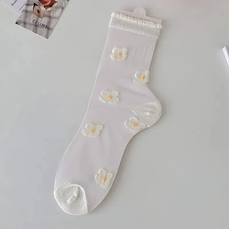 Cute Sheer Crew Socks | Mesh Socks With Flower Pattern | Cute Socks