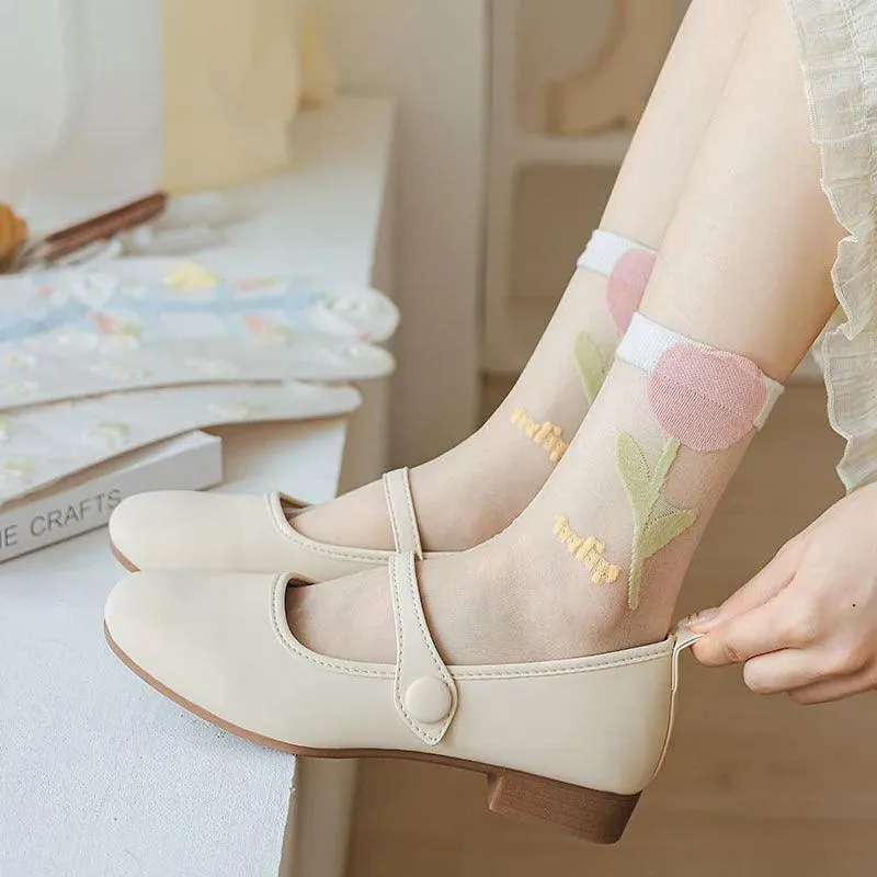 Cute Sheer Crew Socks | Mesh Socks With Flower Pattern | Cute Socks