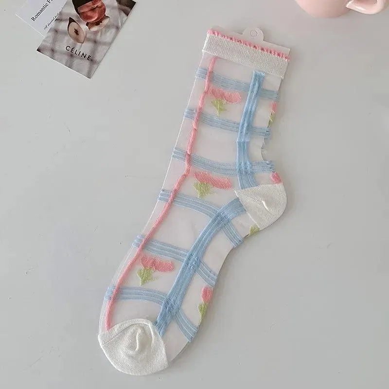 Cute Sheer Crew Socks | Mesh Socks With Flower Pattern | Cute Socks