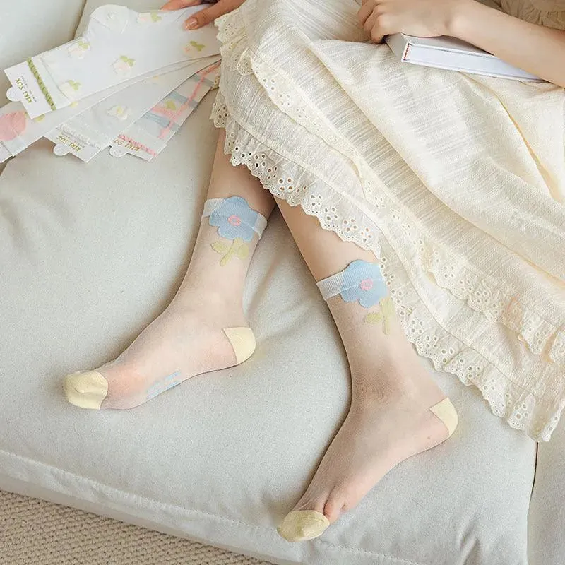 Cute Sheer Crew Socks | Mesh Socks With Flower Pattern | Cute Socks