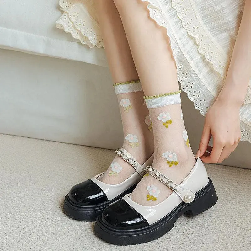 Cute Sheer Crew Socks | Mesh Socks With Flower Pattern | Cute Socks