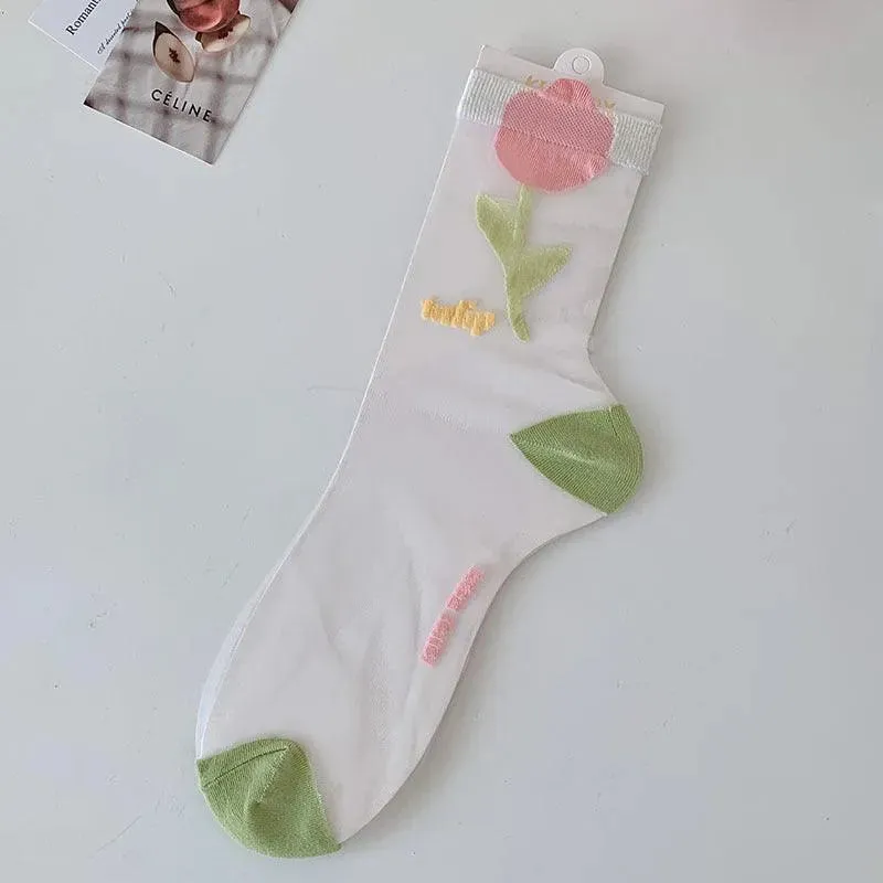 Cute Sheer Crew Socks | Mesh Socks With Flower Pattern | Cute Socks