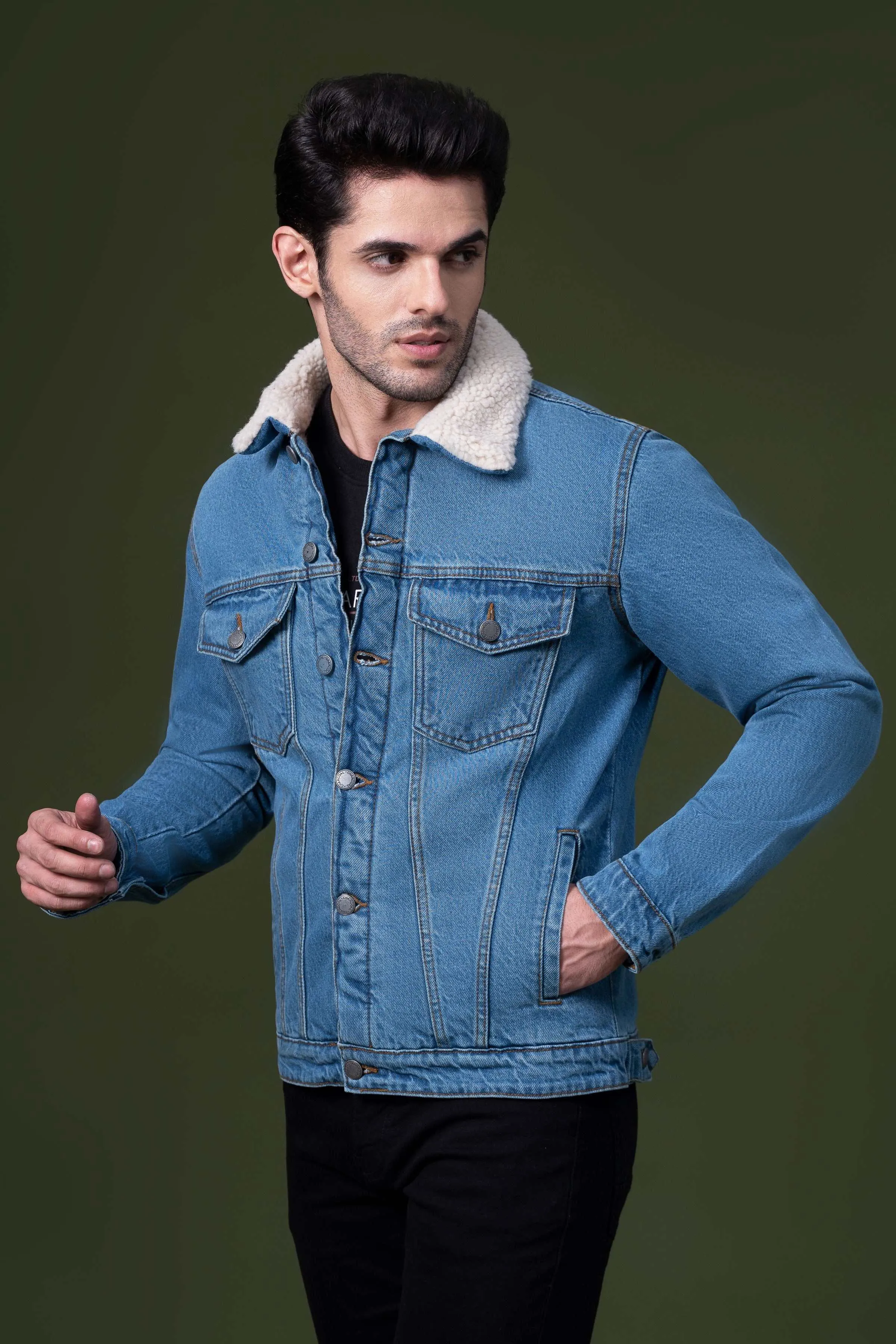 DENIM FUR JACKET LIGHT BLUE