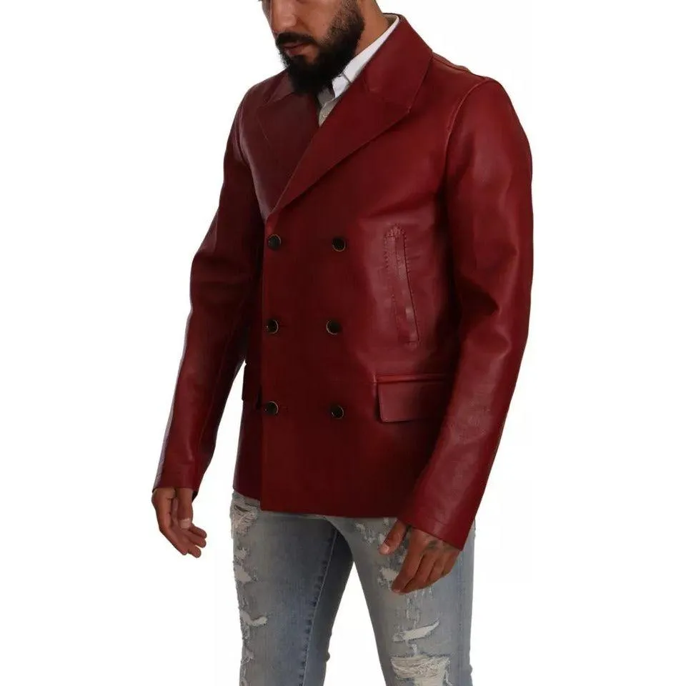 Dolce & Gabbana Red Double Breasted Leather Coat Jacket