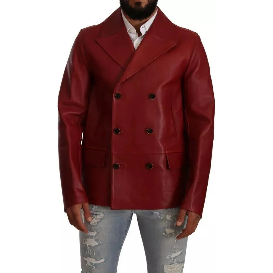 Dolce & Gabbana Red Double Breasted Leather Coat Jacket