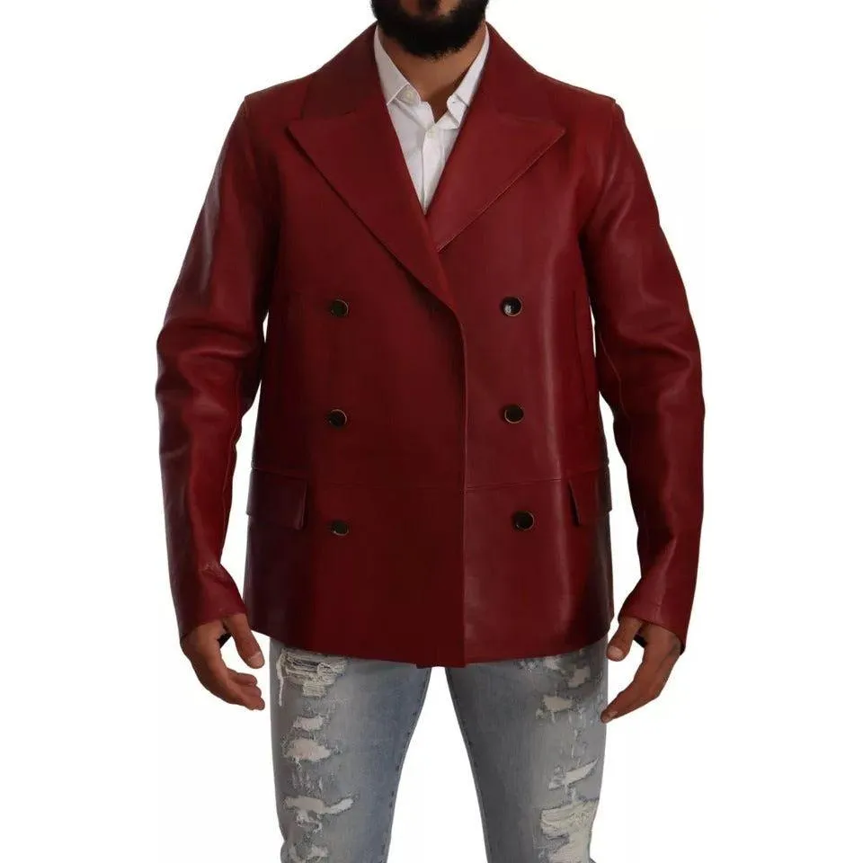 Dolce & Gabbana Red Double Breasted Leather Coat Jacket