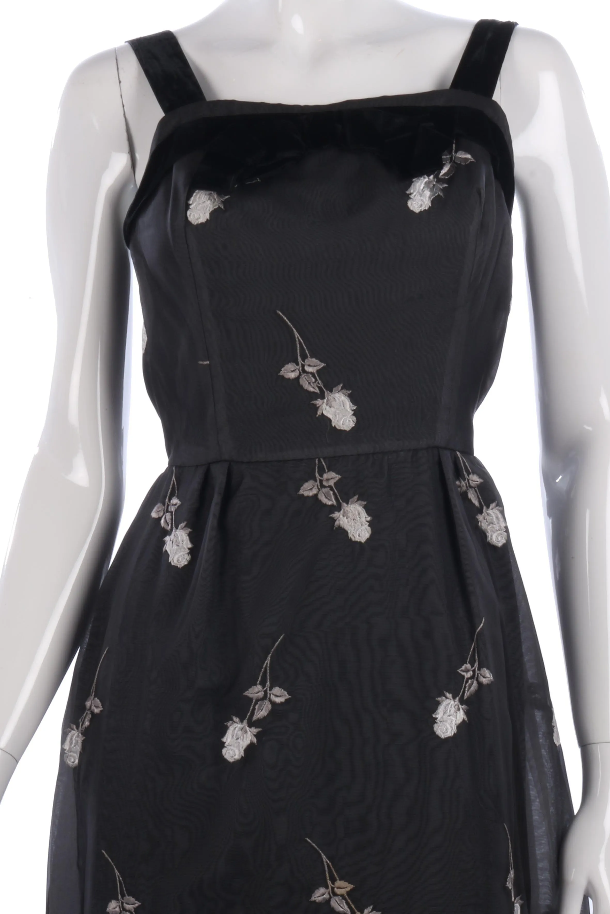 Fabulous vintage black ball gown with white floral embroidery