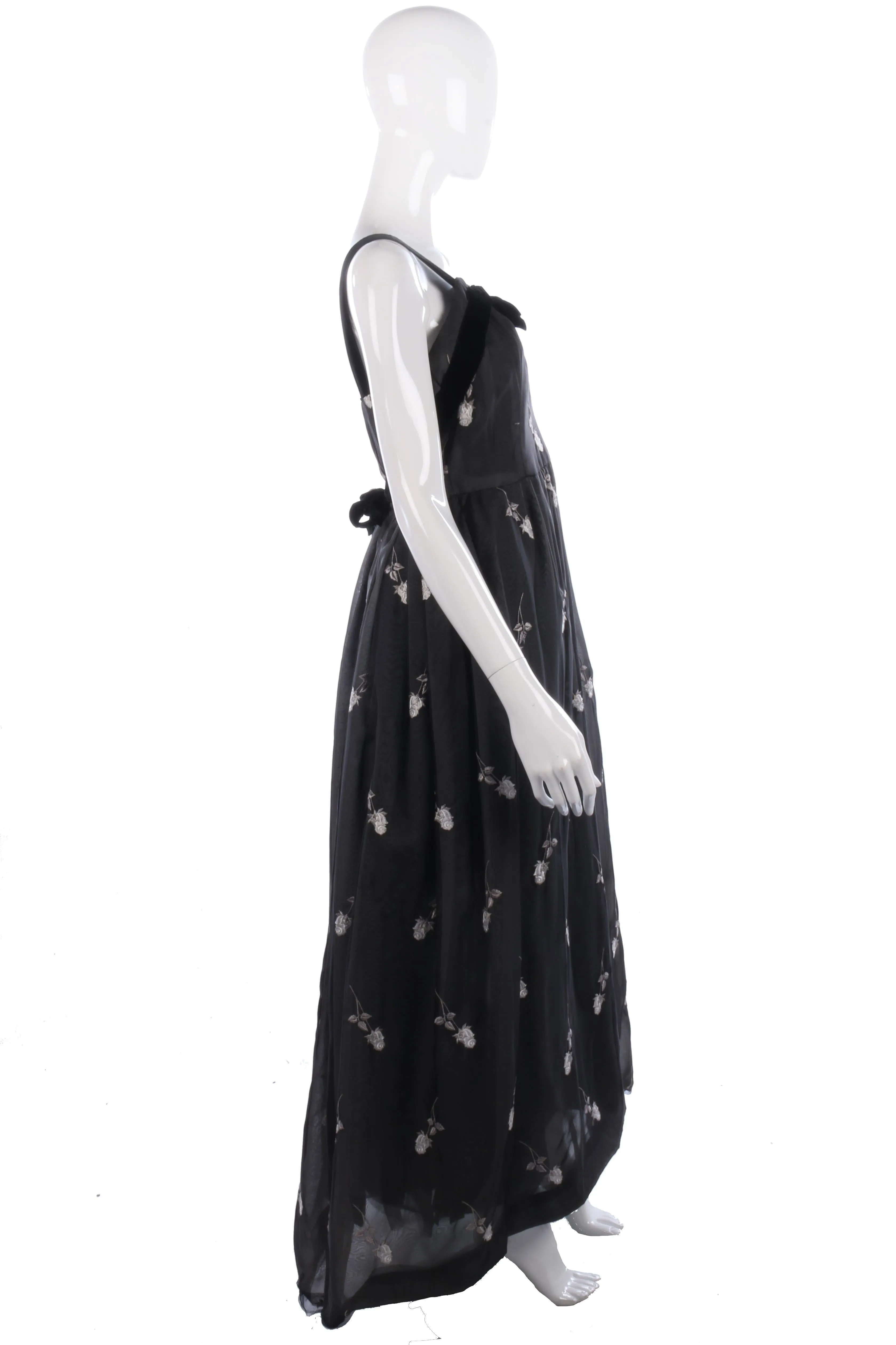 Fabulous vintage black ball gown with white floral embroidery