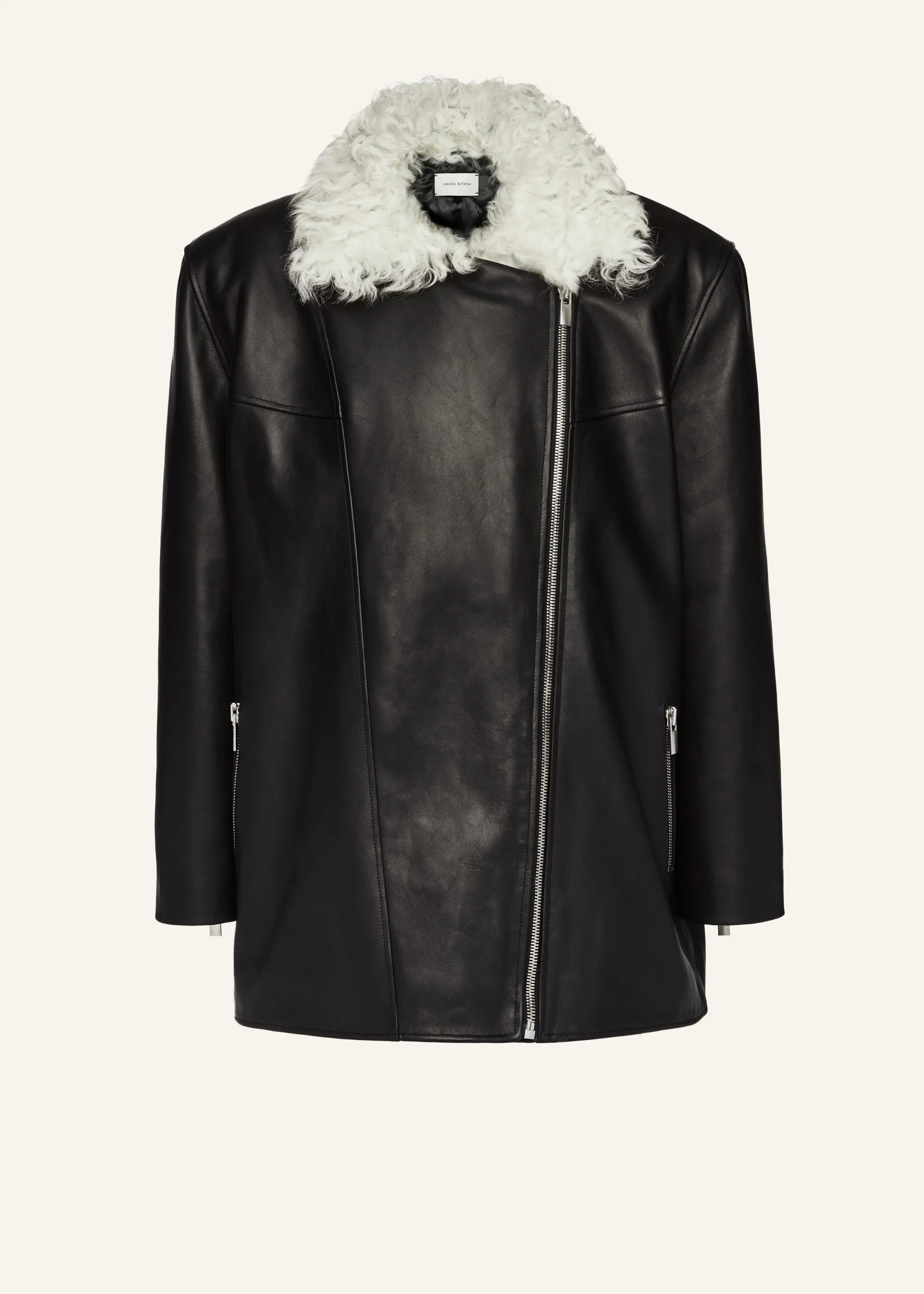 Faux-fur boxy leather jacket in black