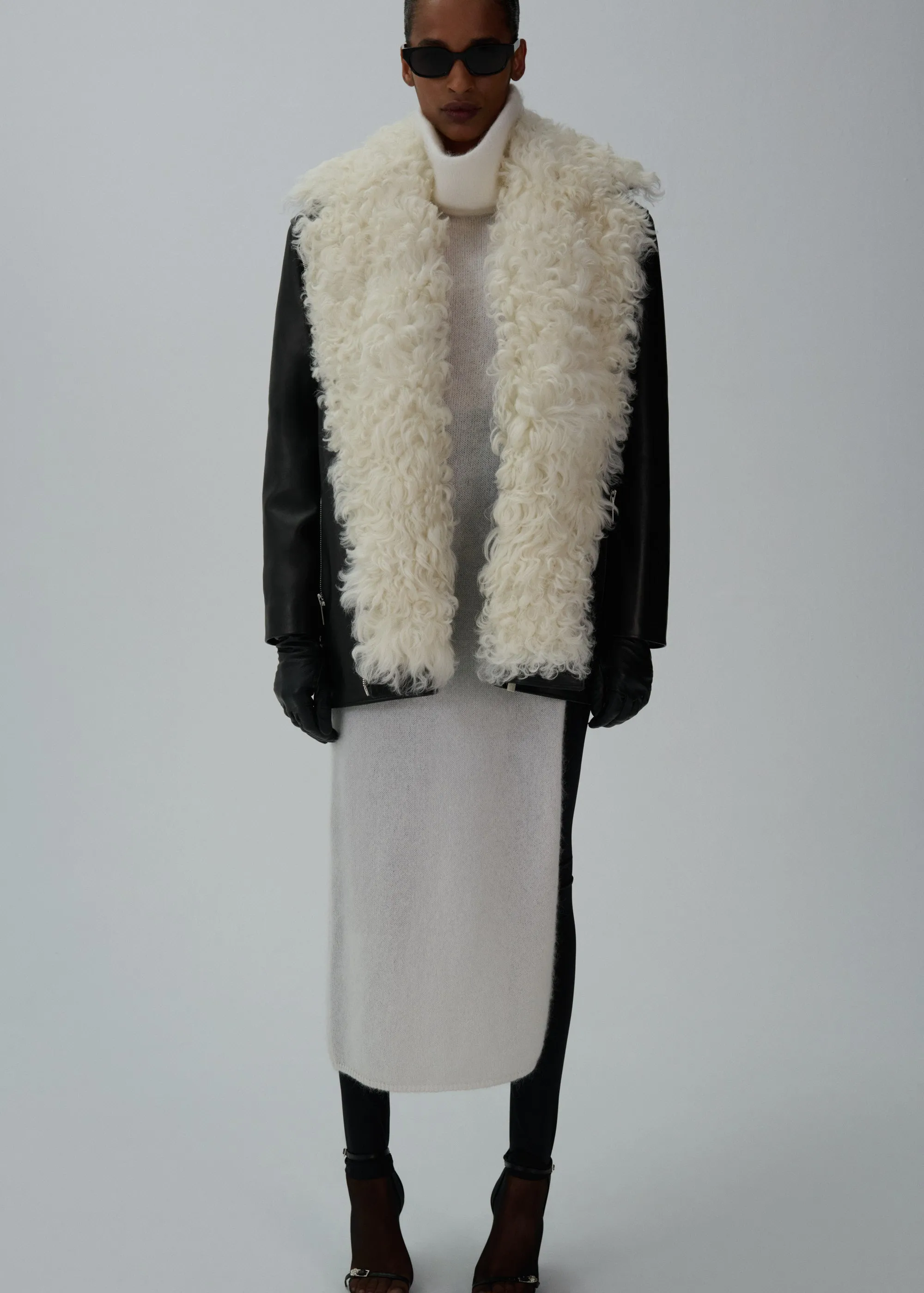 Faux-fur boxy leather jacket in black