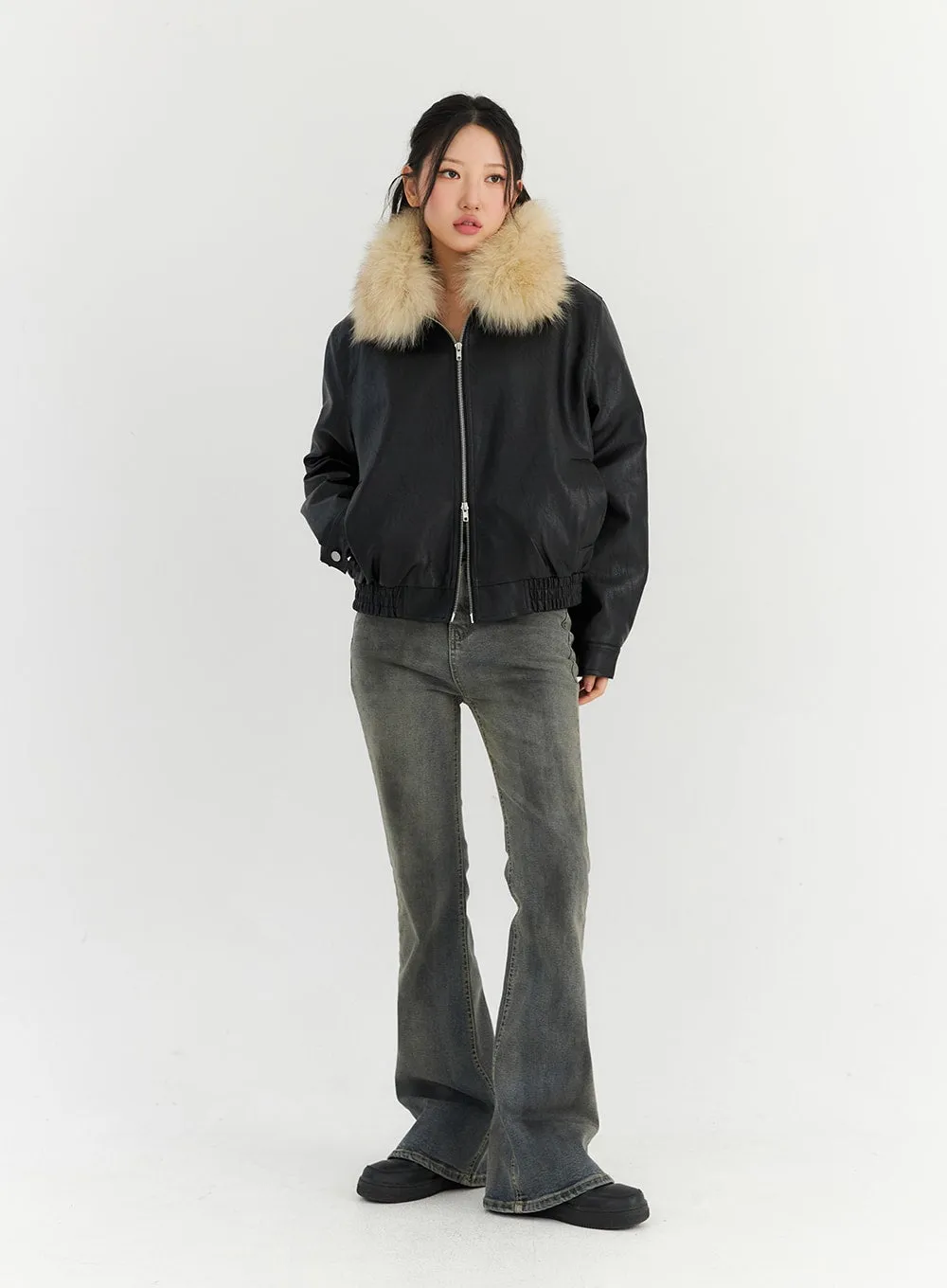 Faux Leather Jacket with Fur Collar CN303