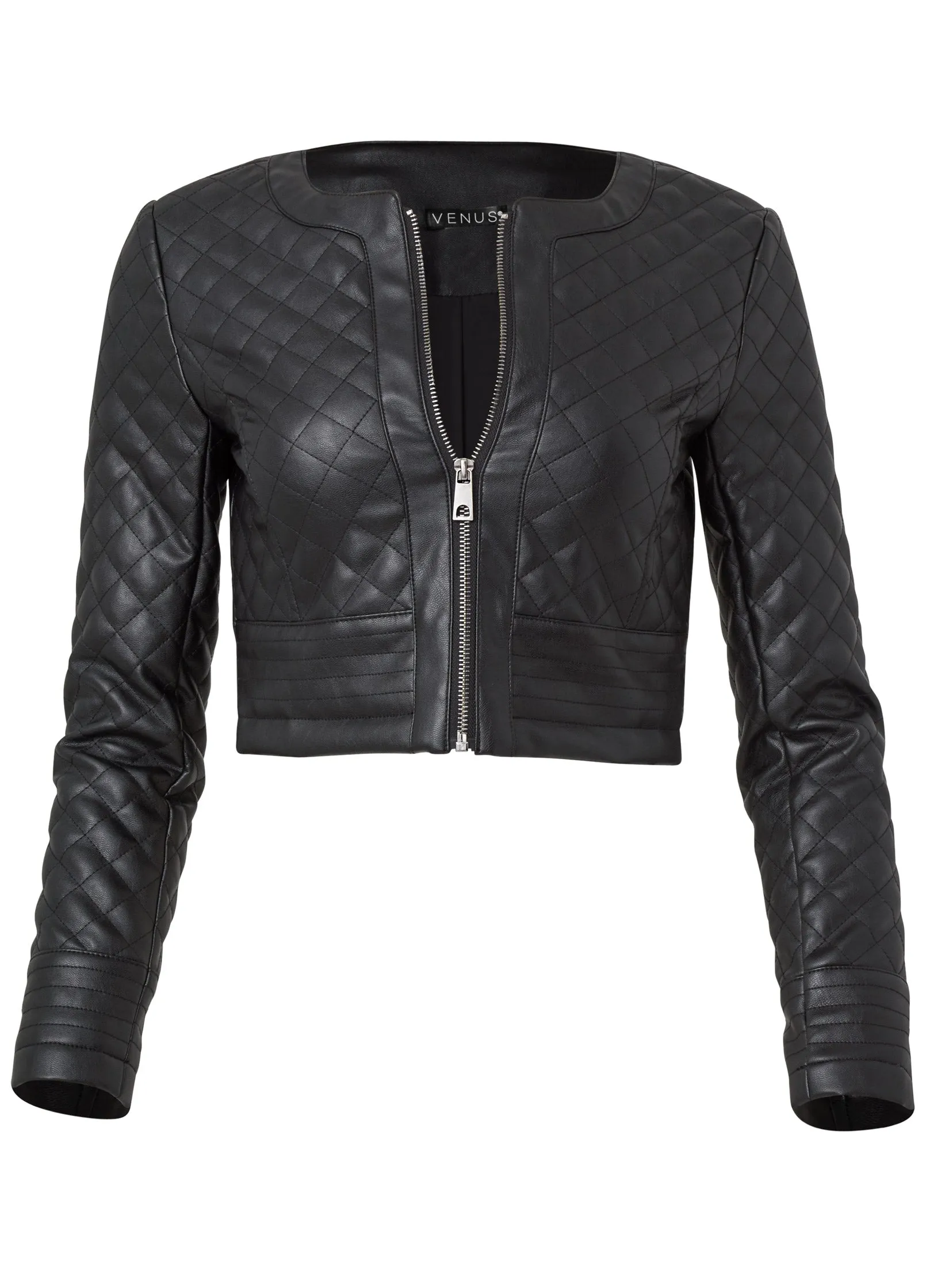 Faux-Leather Quilted Jacket - Black