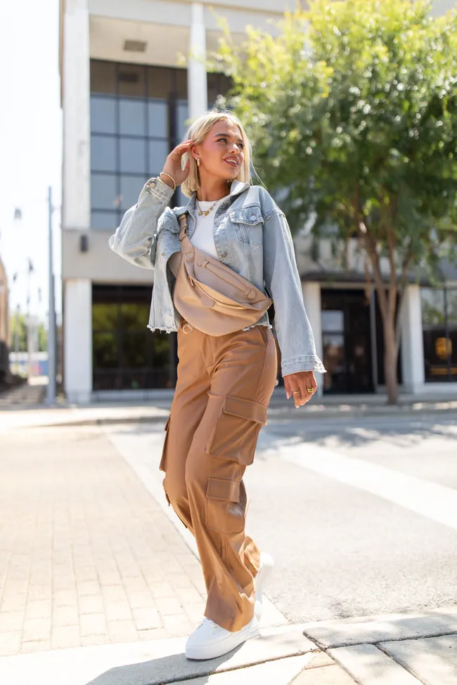 Follow My Lead Camel Faux Leather Cargo Pants FINAL SALE