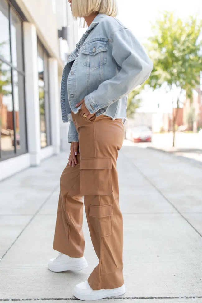 Follow My Lead Camel Faux Leather Cargo Pants FINAL SALE