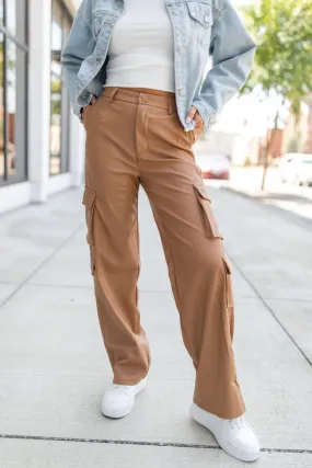 Follow My Lead Camel Faux Leather Cargo Pants FINAL SALE