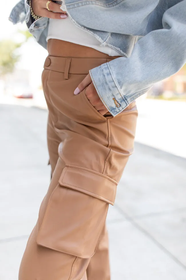 Follow My Lead Camel Faux Leather Cargo Pants FINAL SALE