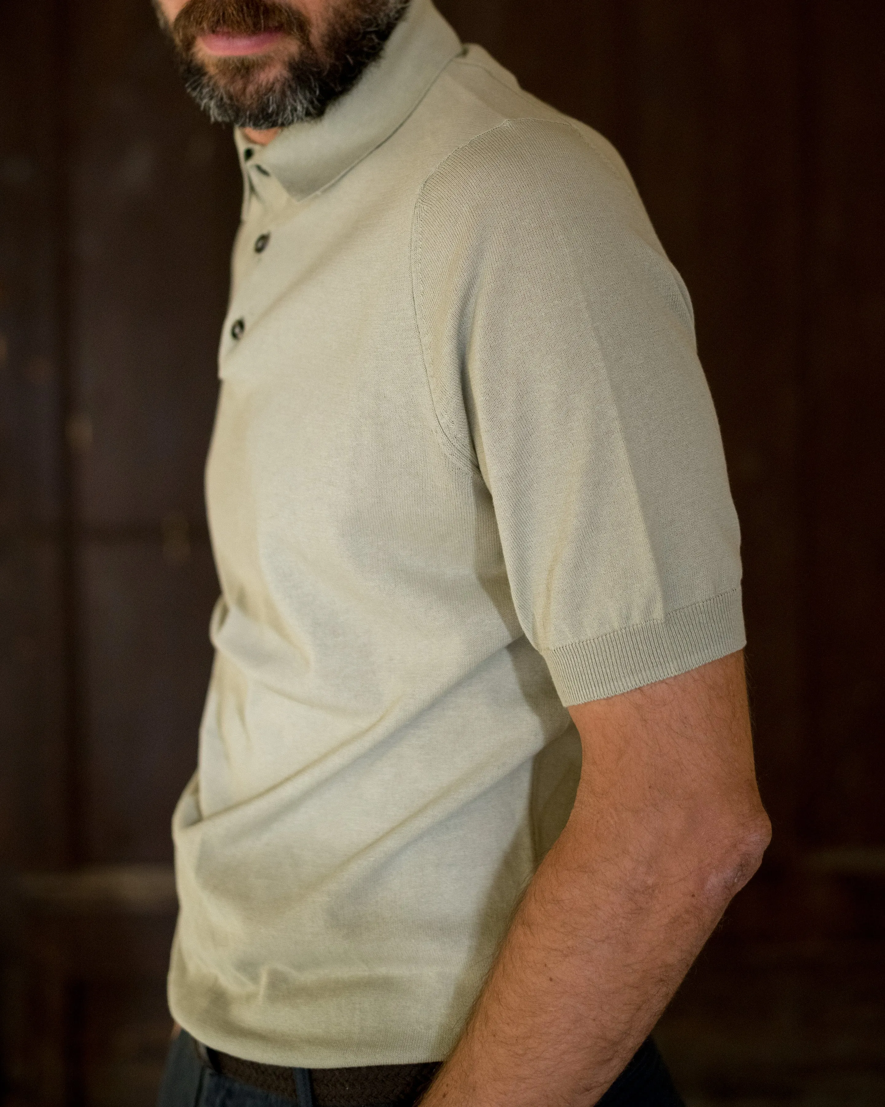 FRESH Extra Fine Crepe Cotton Knitted Polo In Sage