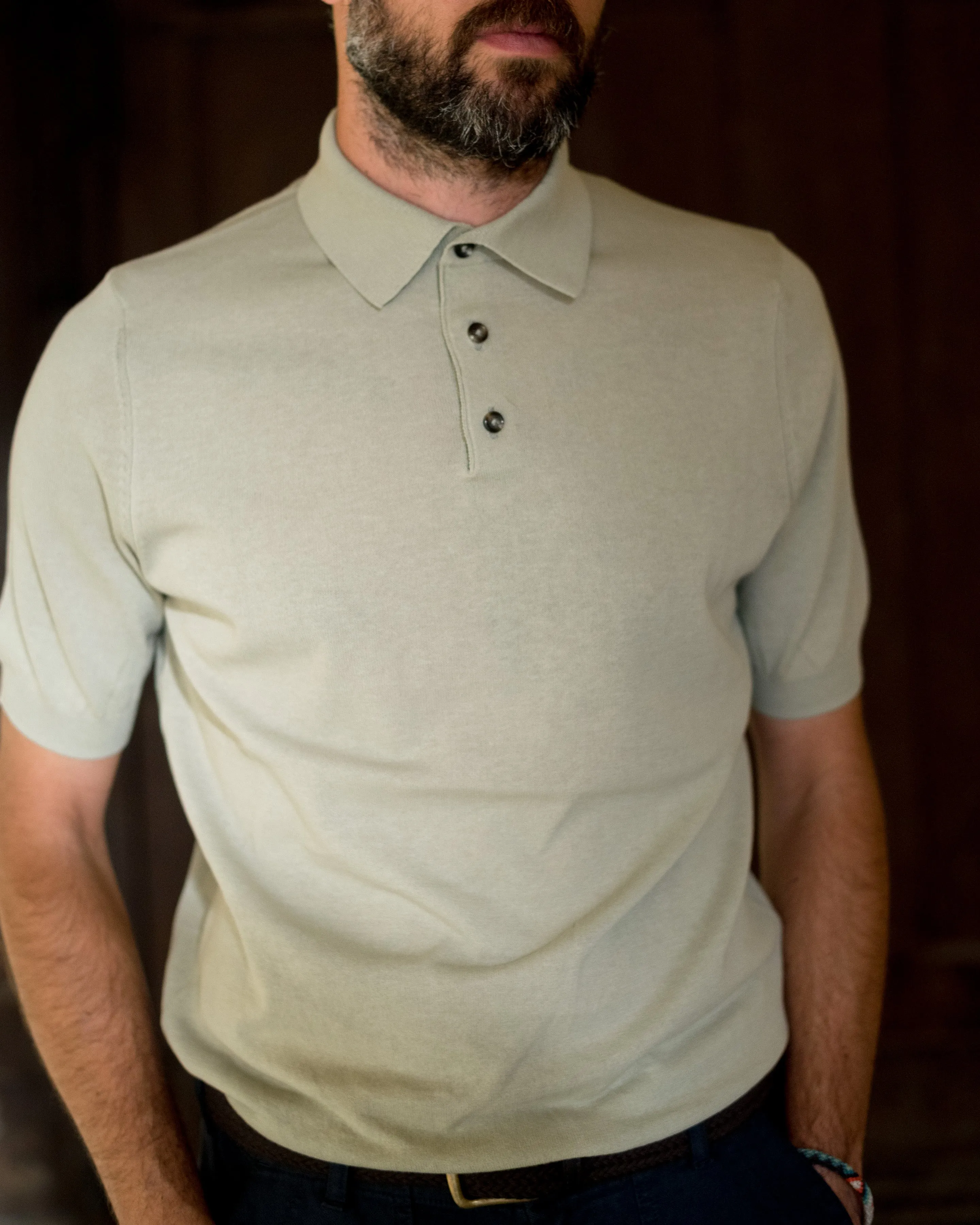 FRESH Extra Fine Crepe Cotton Knitted Polo In Sage