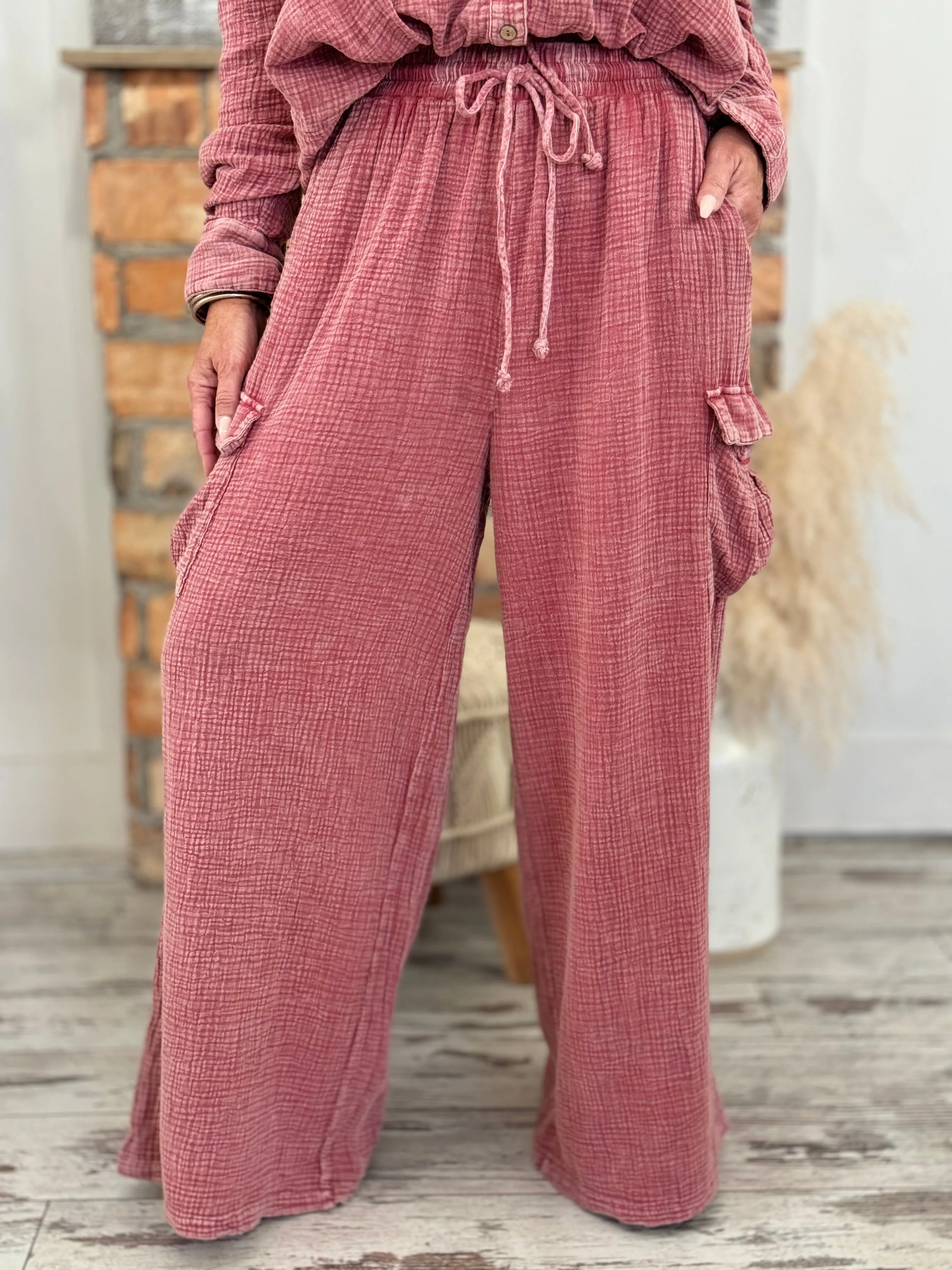 Gauze Wide Leg Cargo Pants | Washed Red