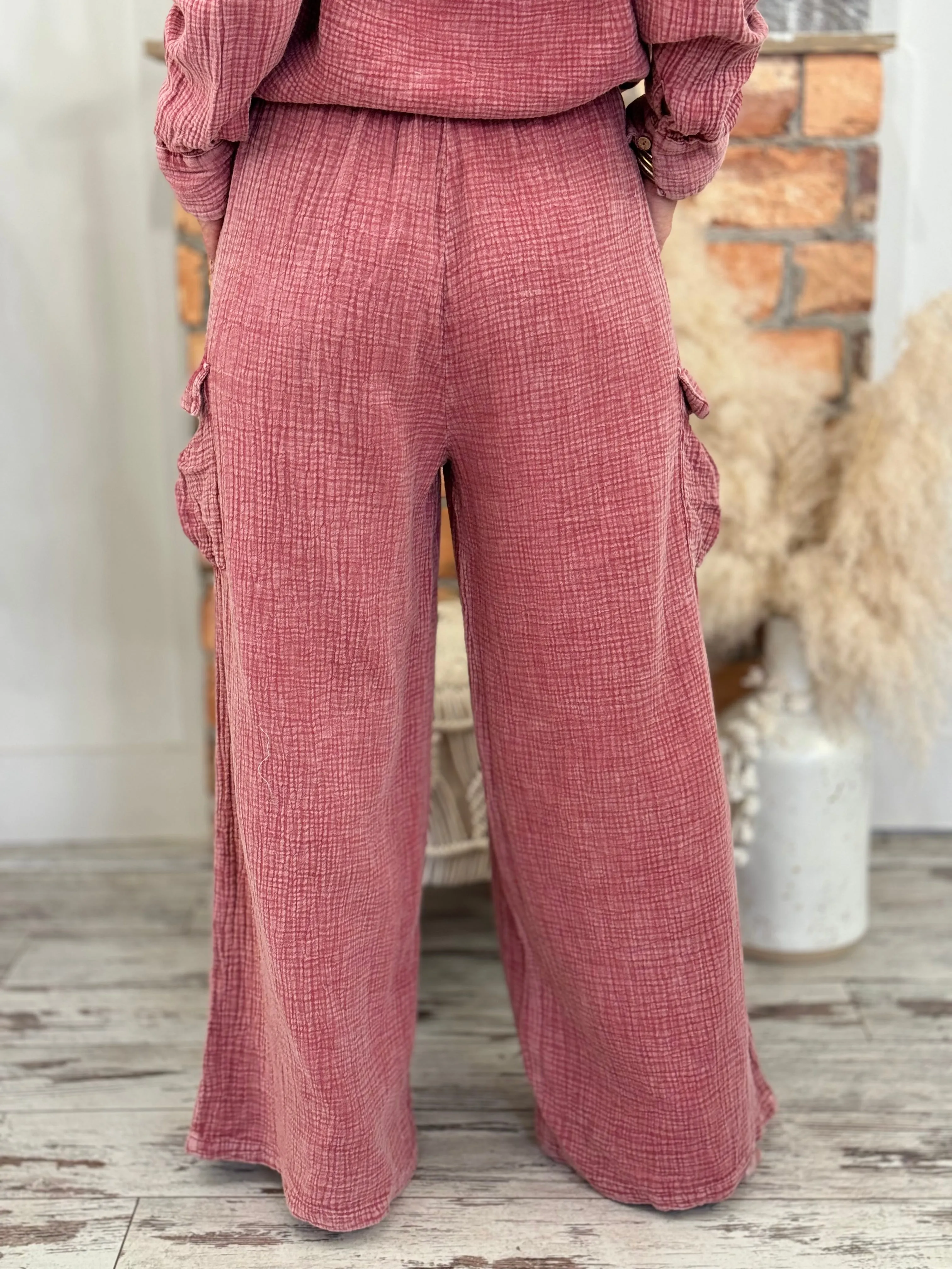 Gauze Wide Leg Cargo Pants | Washed Red