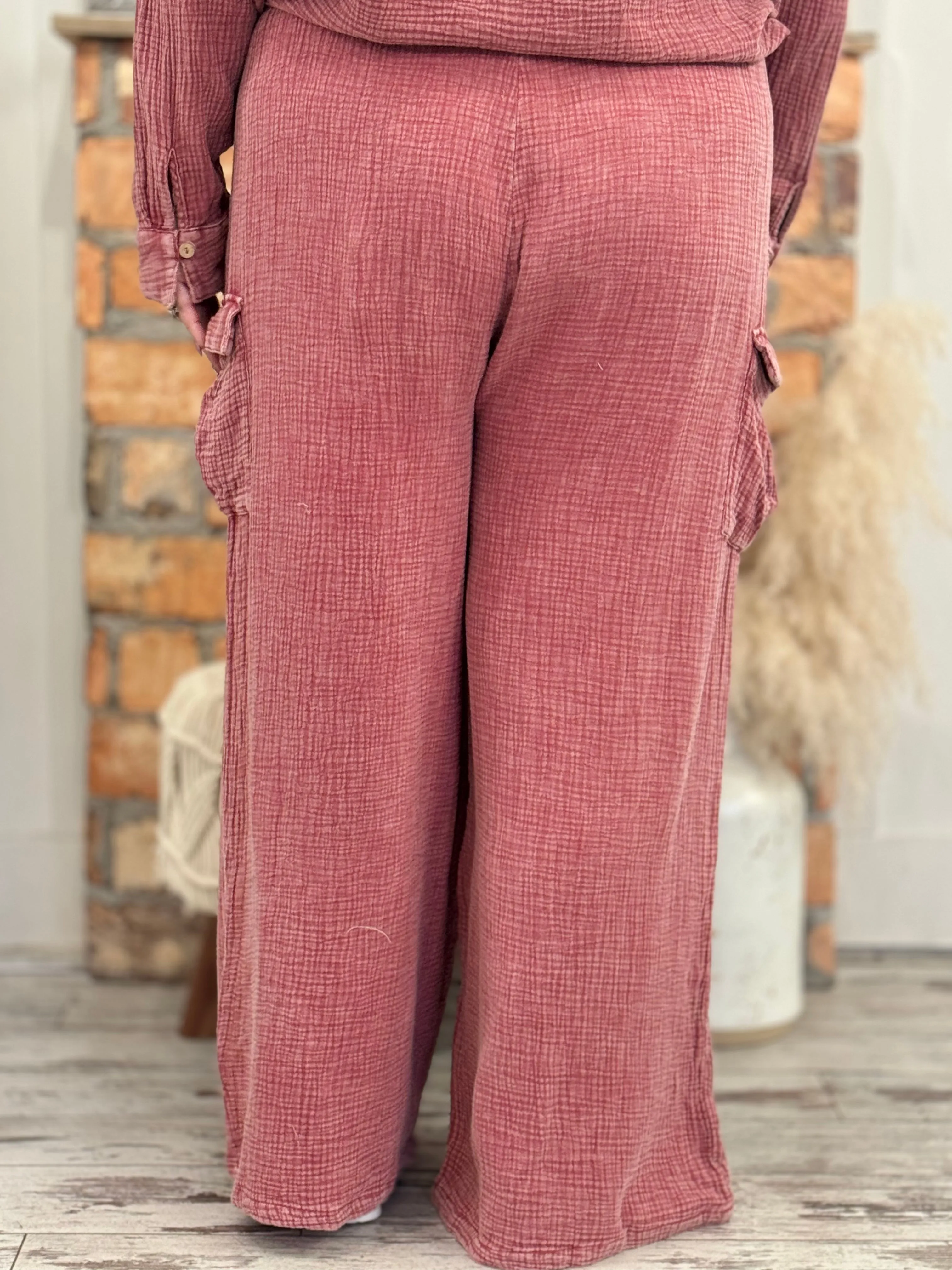 Gauze Wide Leg Cargo Pants | Washed Red