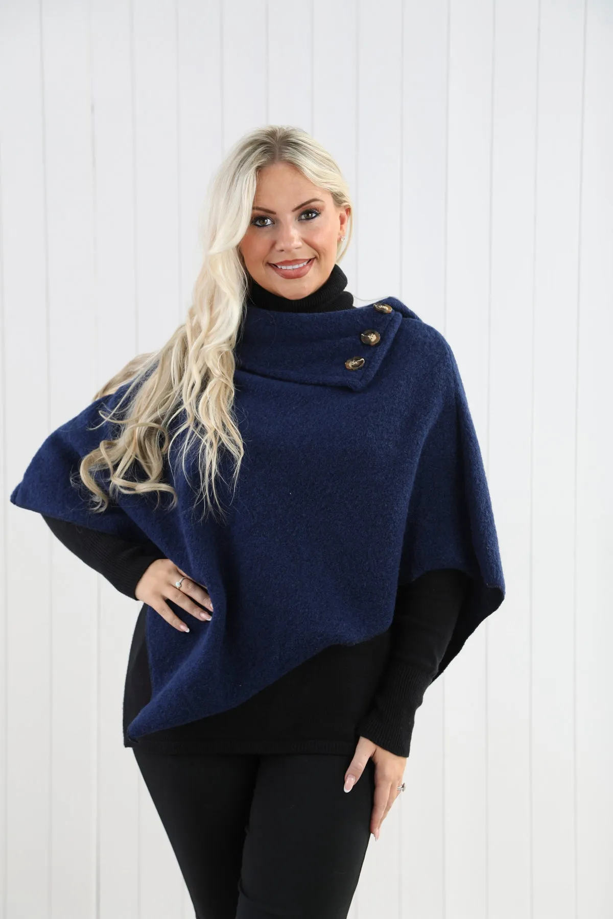 Goose Island 4353 Woollen Blend Three Button Asymmetric Cowl Neck Poncho (5 Colours)