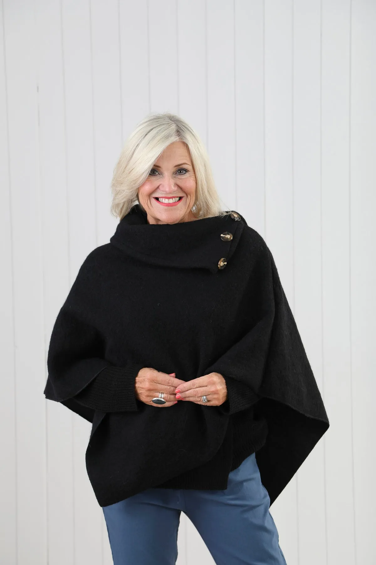 Goose Island 4353 Woollen Blend Three Button Asymmetric Cowl Neck Poncho (5 Colours)