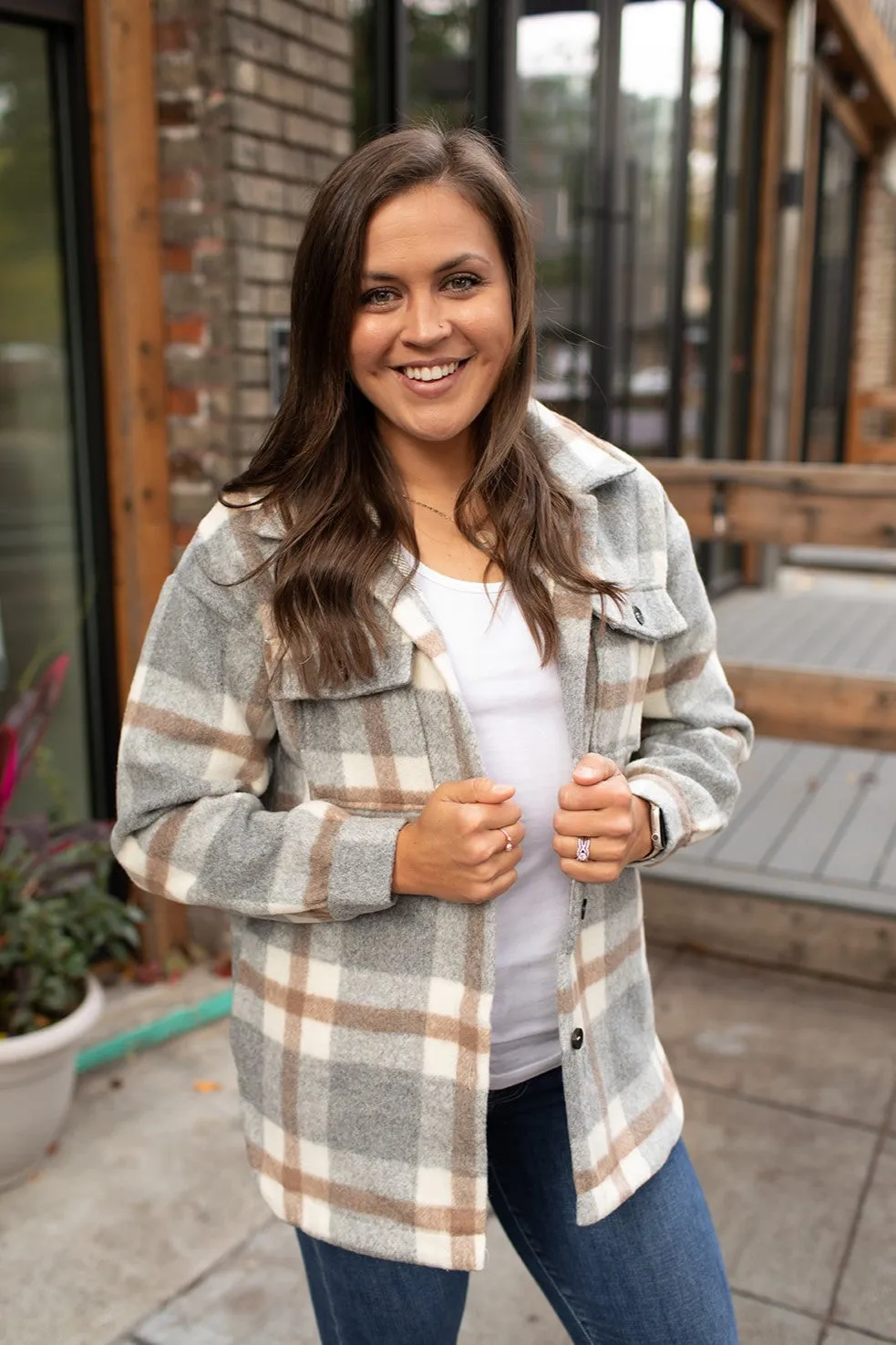 Gray Taupe Plaid Flannel Shacket (SM-2X)