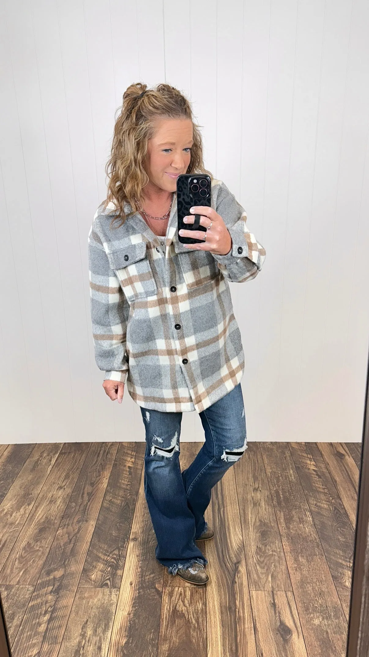 Gray Taupe Plaid Flannel Shacket (SM-2X)