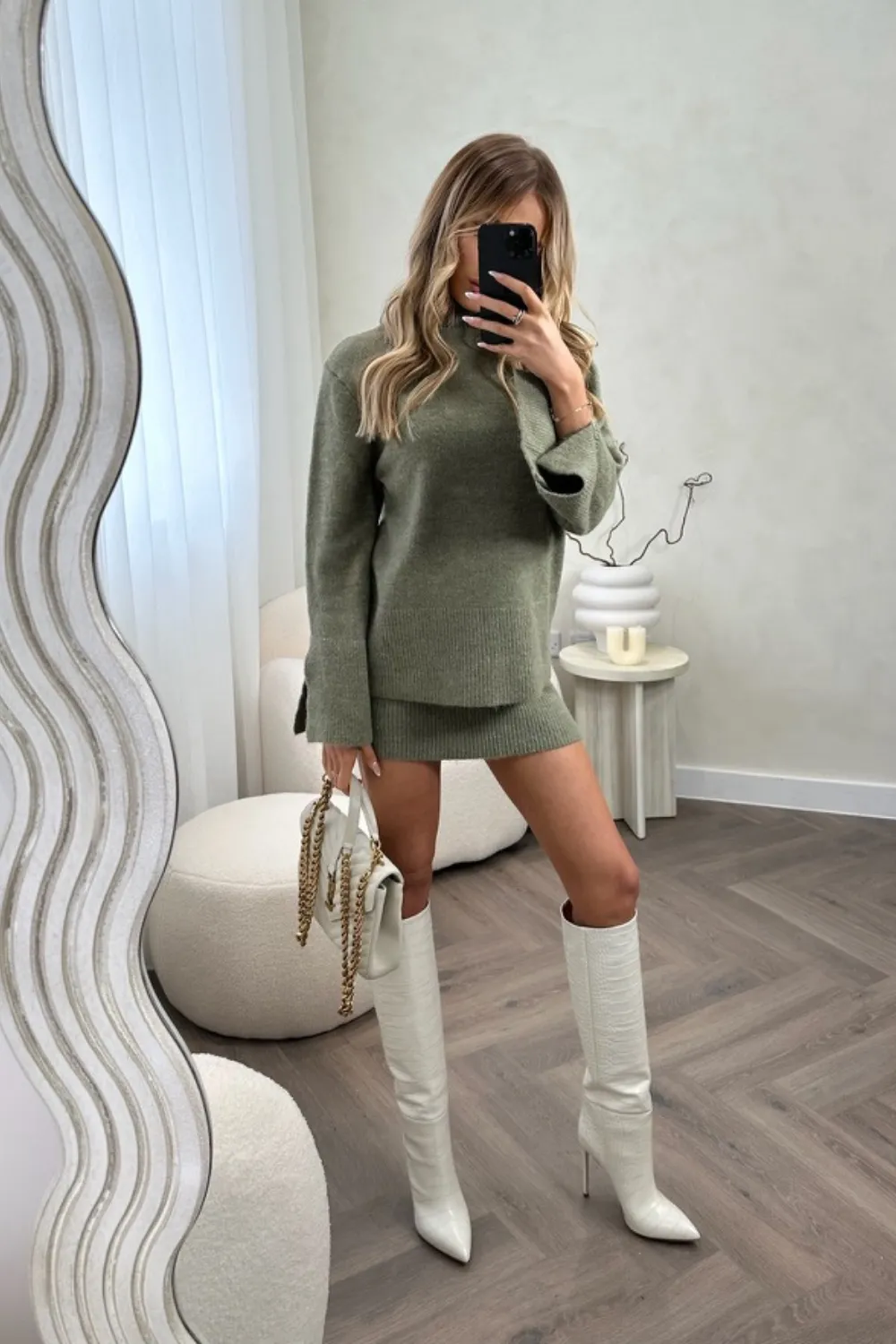 Holly khaki high neck knit jumper and skirt co-ord